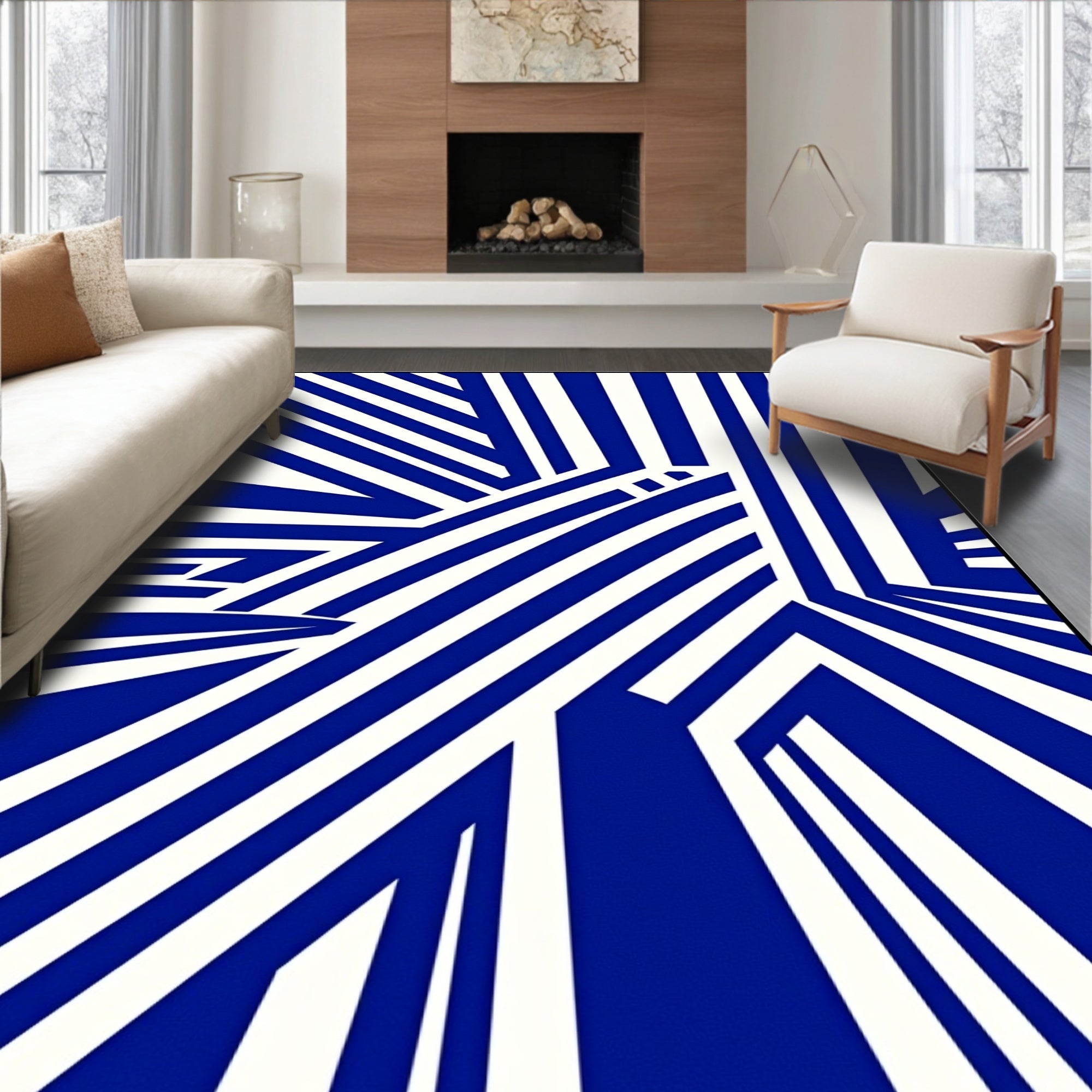 Bold Blue White Geometric Design Rug