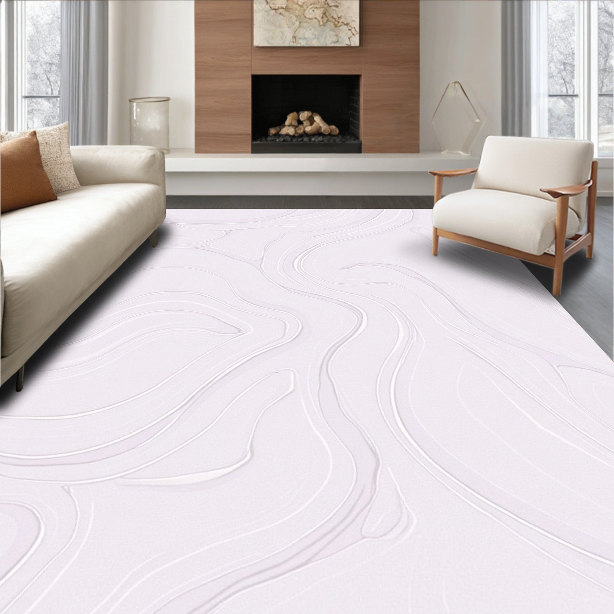 Soft White Swirling Marble Texture Rug