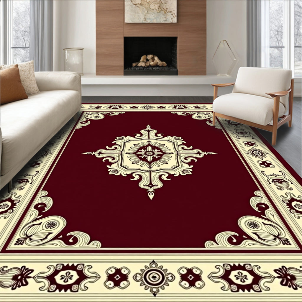 Maroon Floral Scrollwork Medallion Design Rug