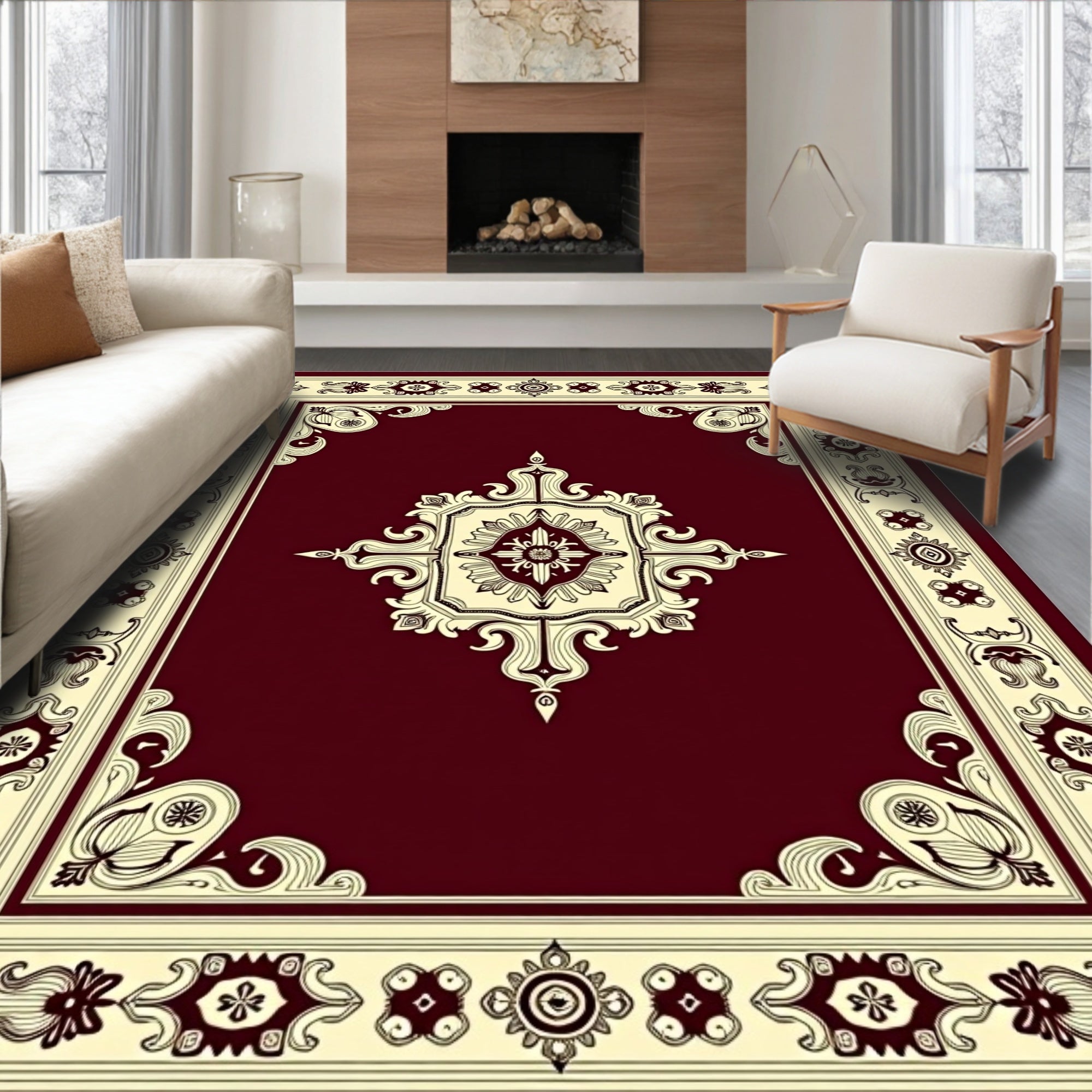 Maroon Floral Scrollwork Medallion Design Rug