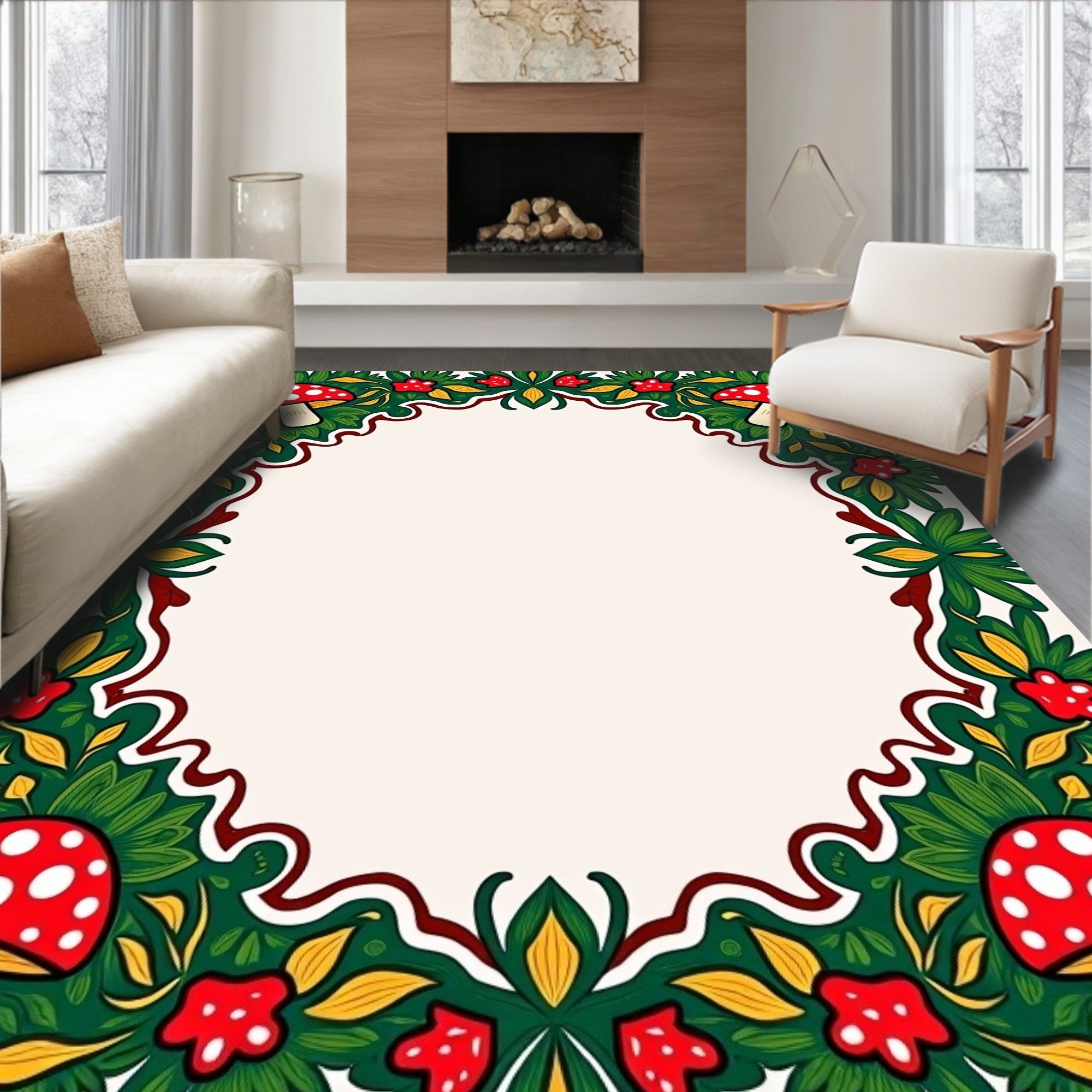 Whimsical Mushroom Leaf Floral Pattern Rug