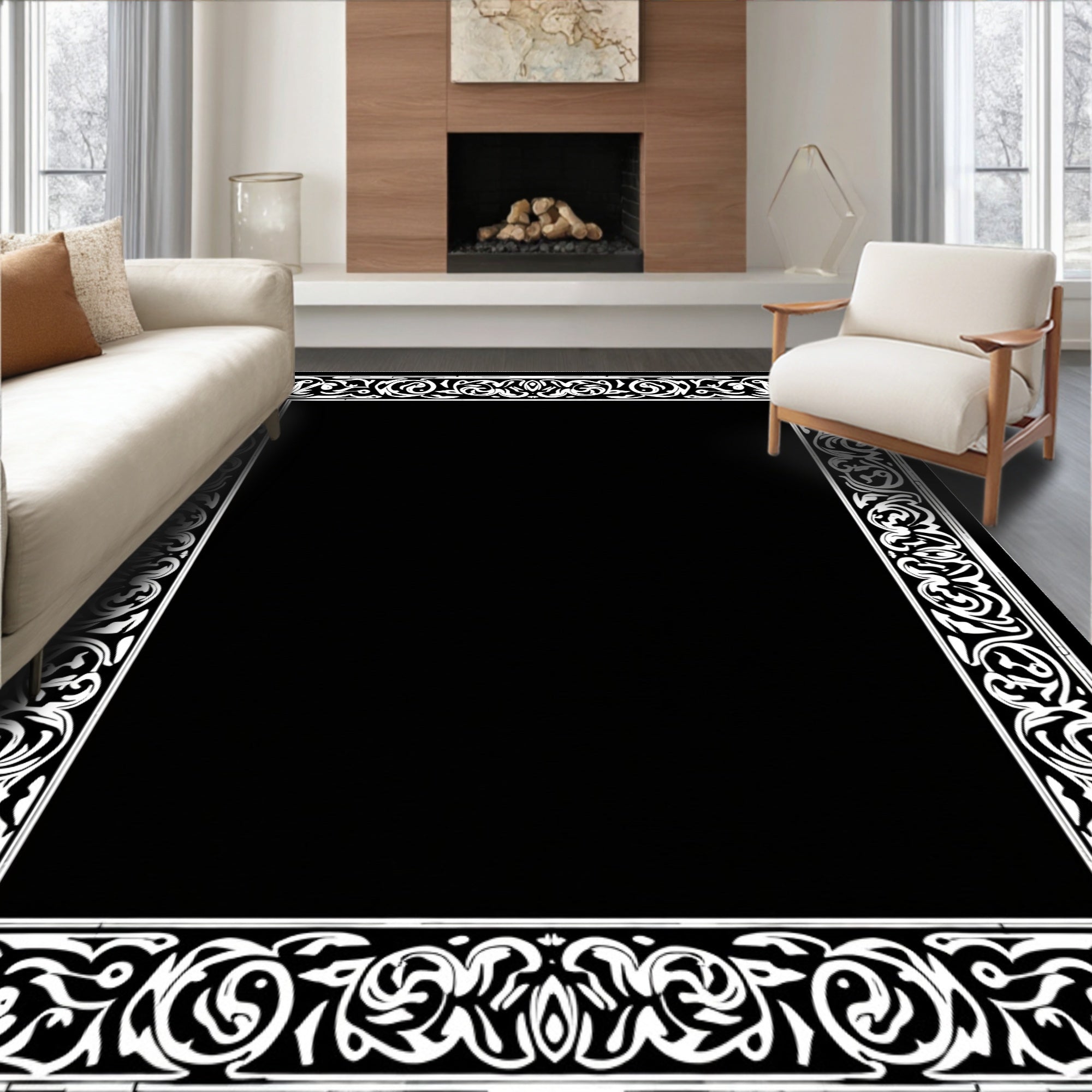 Classic Black White Floral Border Rug