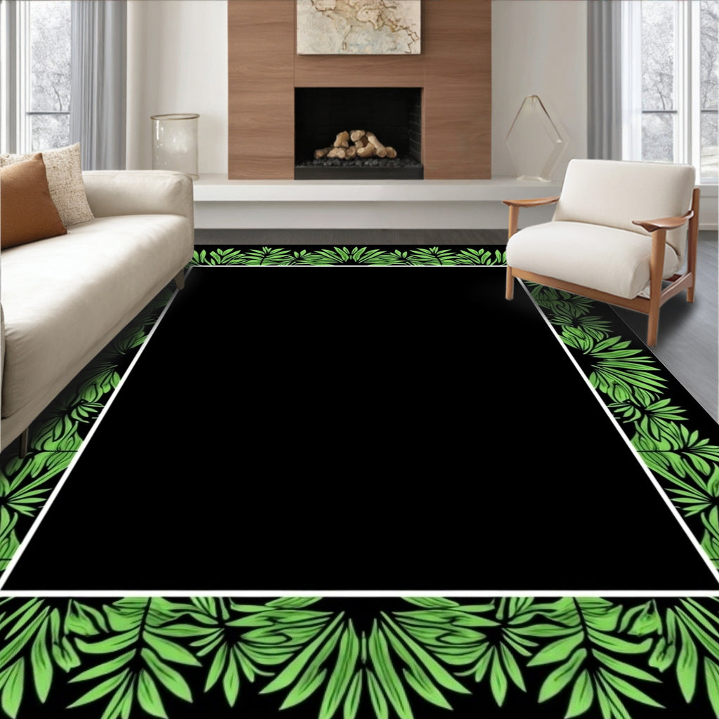 Green Leaf Border Natural Pattern Rug