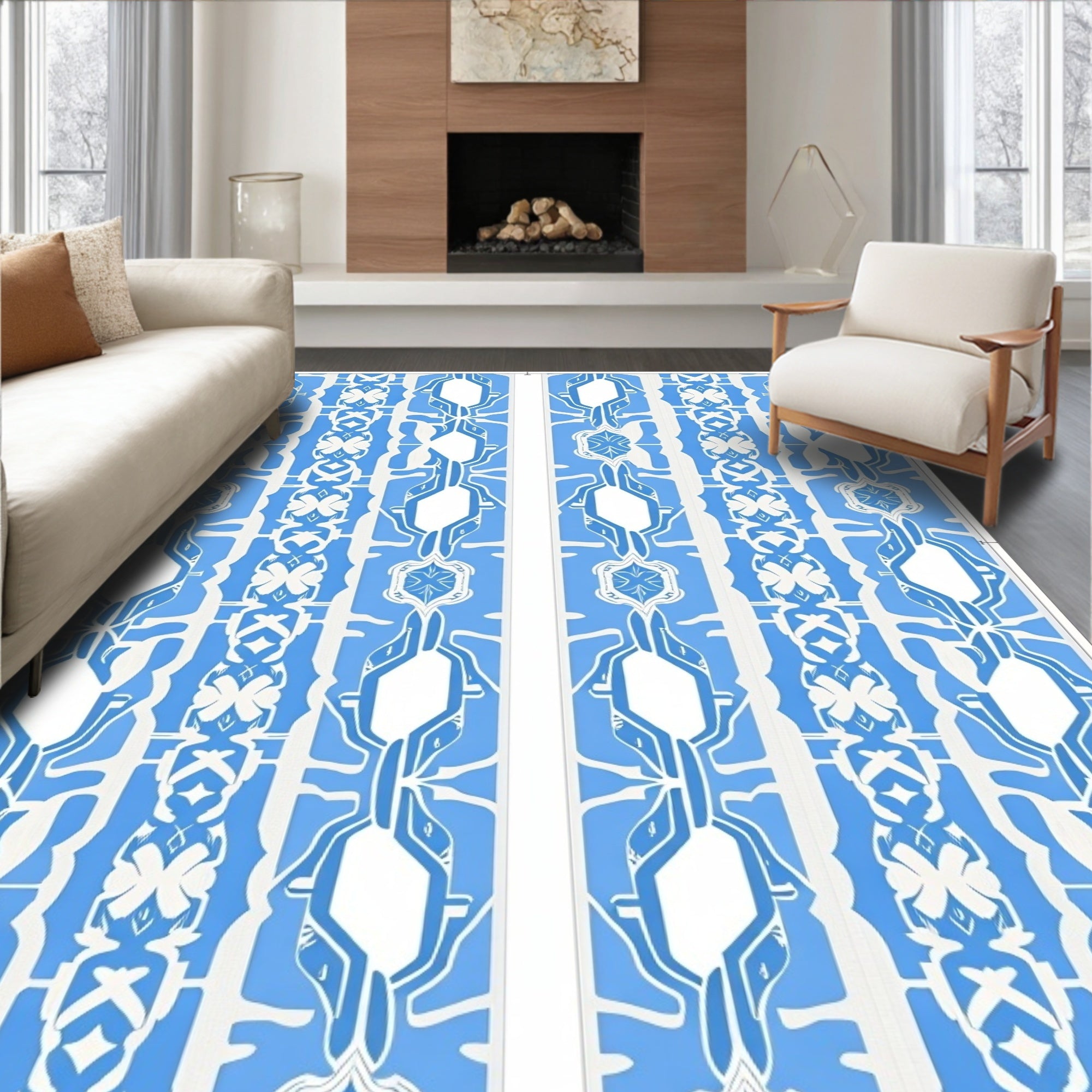 Blue White Intricate Geometric Pattern Rug
