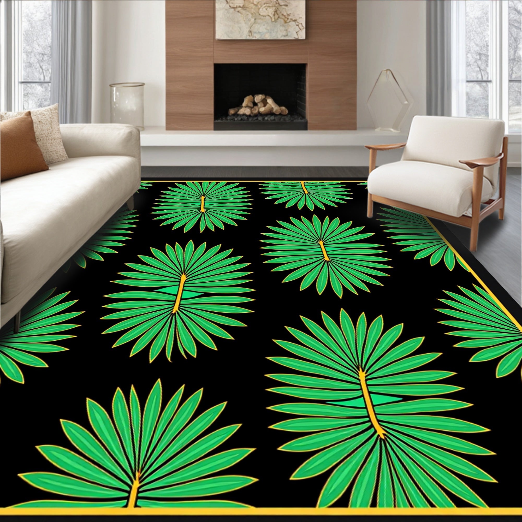 Green Palmetto Leaf Patterned Rug