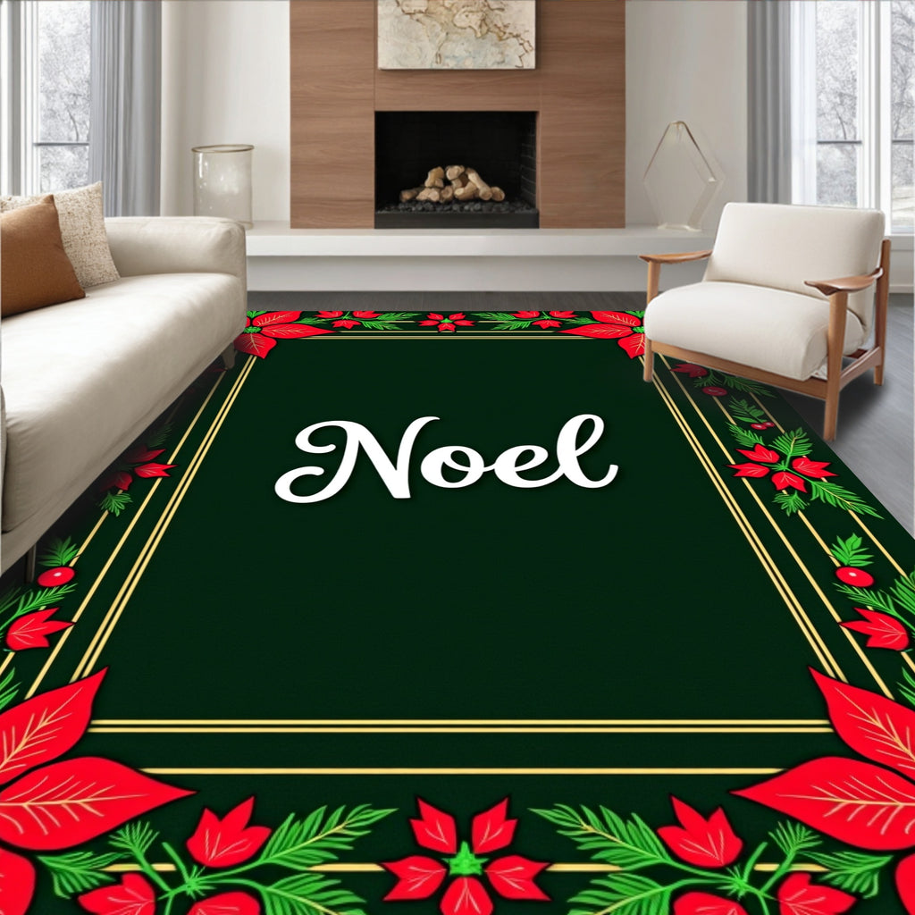 Red Poinsettia Green Border Rug
