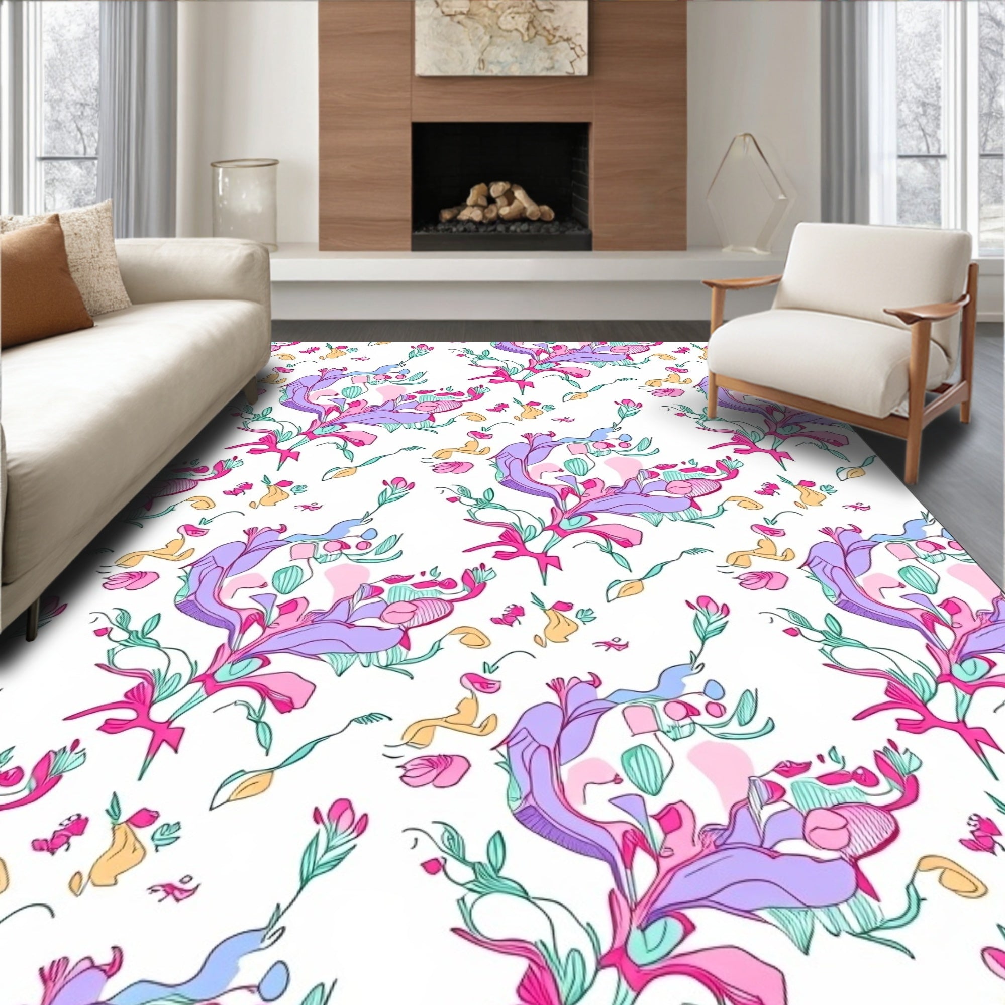 Whimsical Floral Swirl Pattern Rug