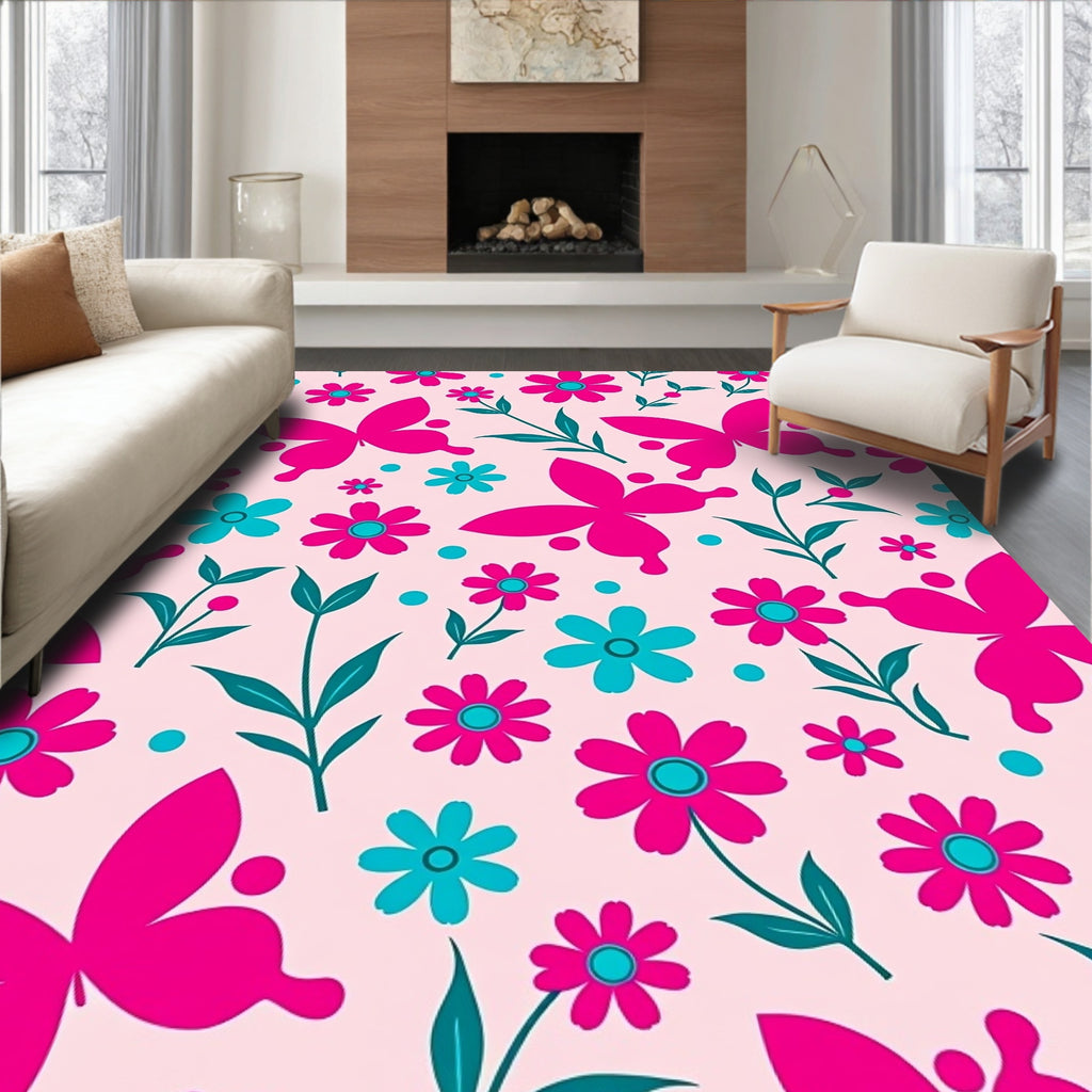 Vibrant Butterflies Flowers Pattern Rug