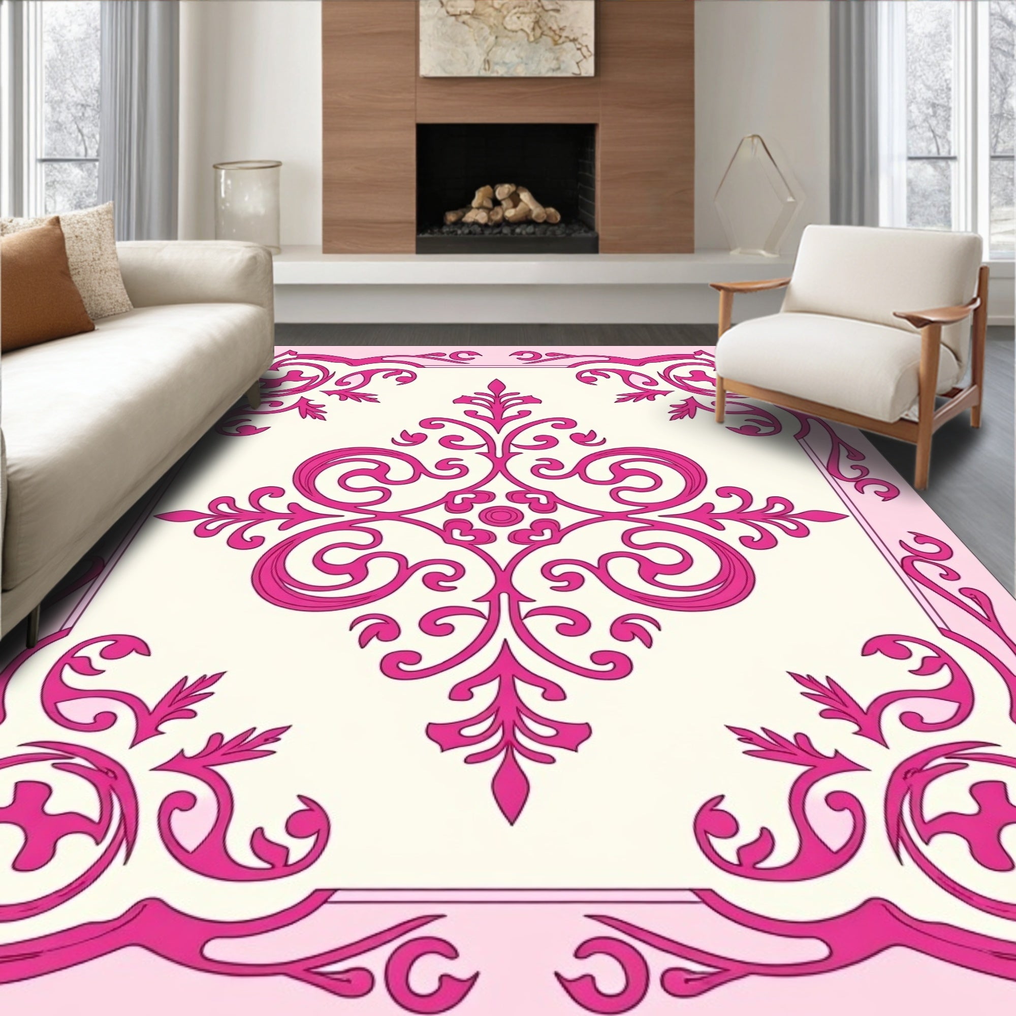 Pink Floral Symmetry Damask Rug