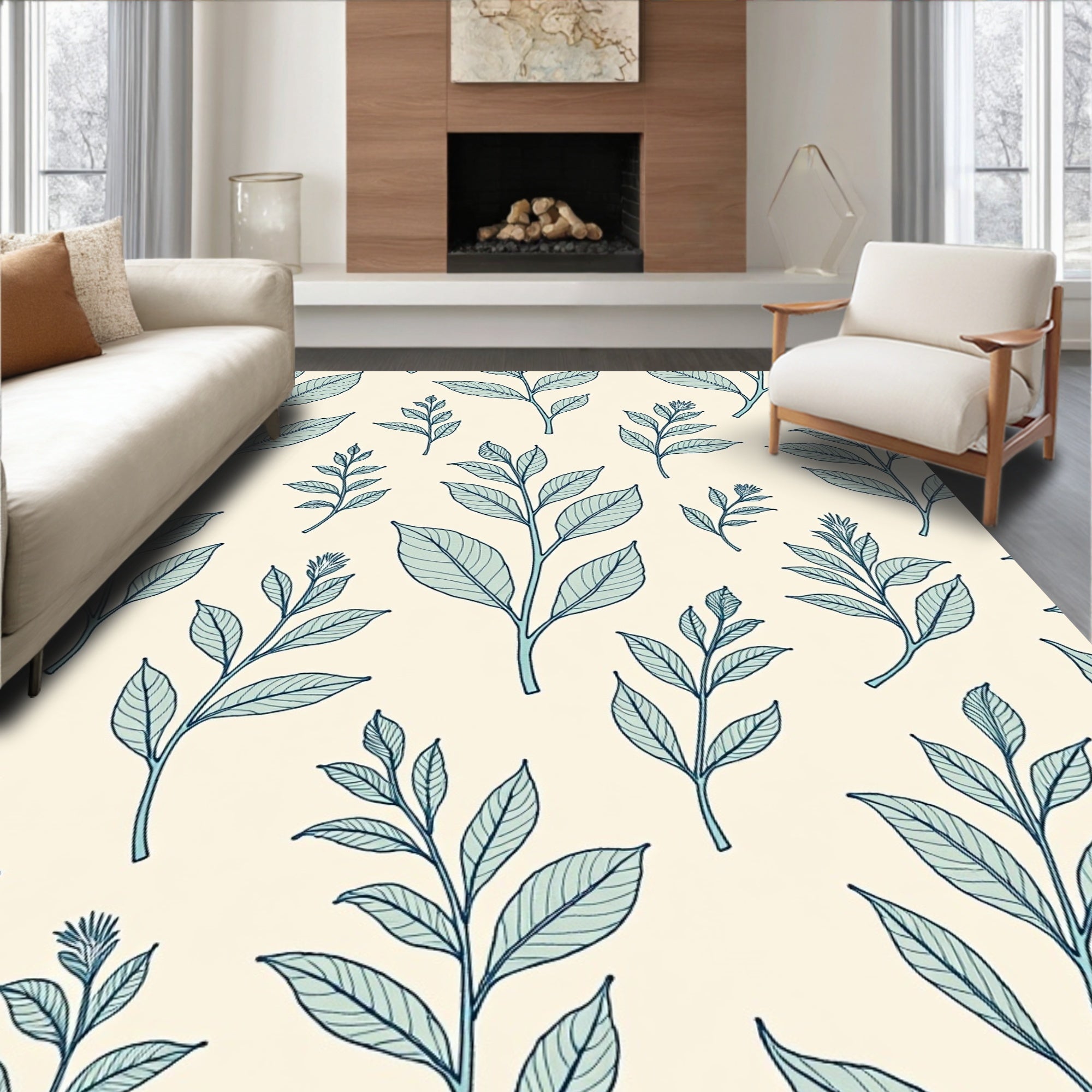 Botanical Branch Pattern Teal Cream Rug