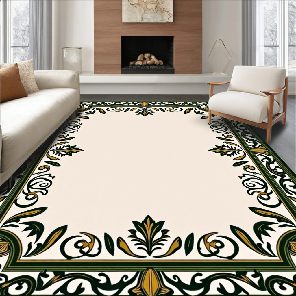 Intricate Green Gold Floral Filigree Rug