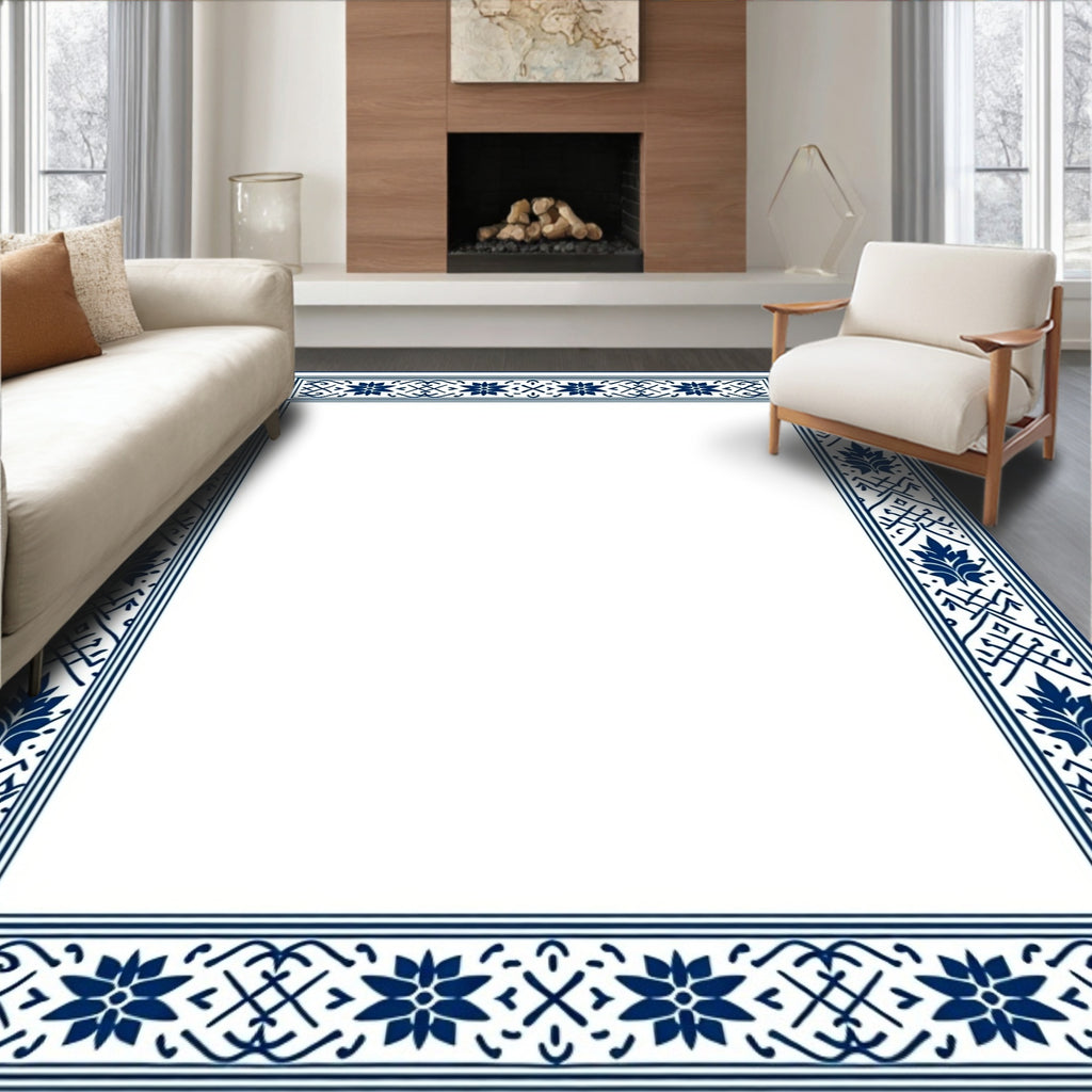 Elegant Blue Floral Border Rug