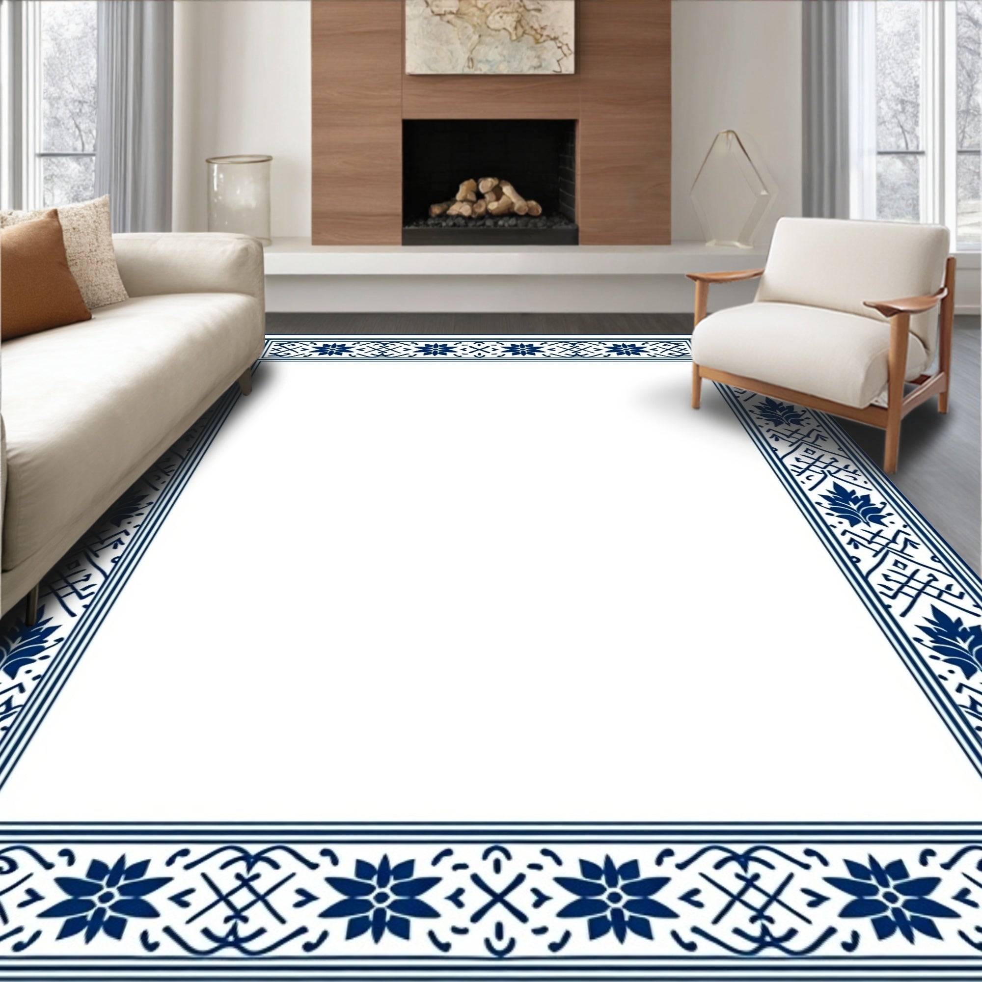 Elegant Blue Floral Border Rug