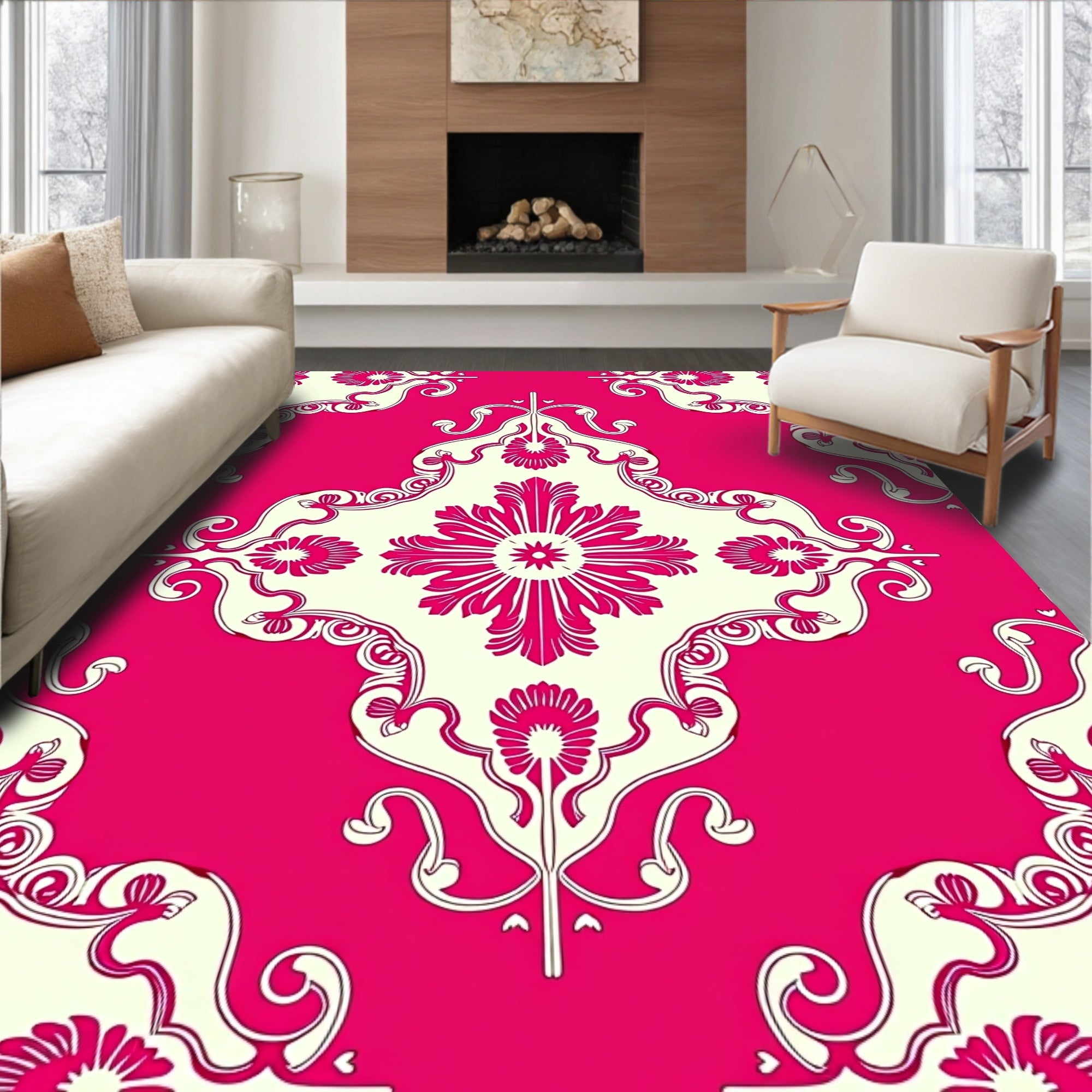 Hot Pink Floral Damask Pattern Rug