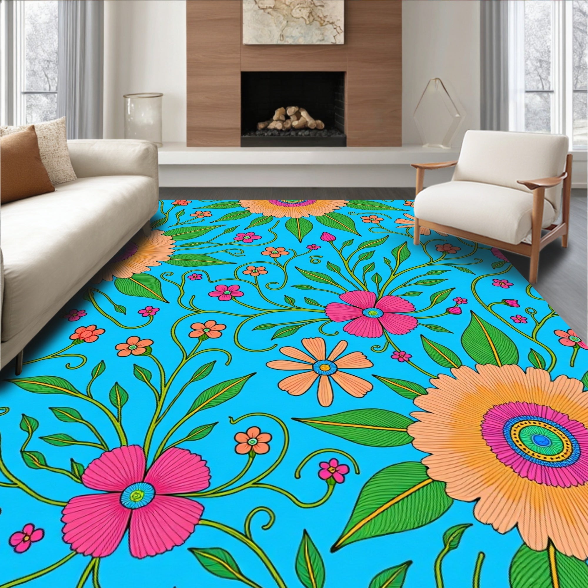 Vibrant Floral Vine Pattern Rug