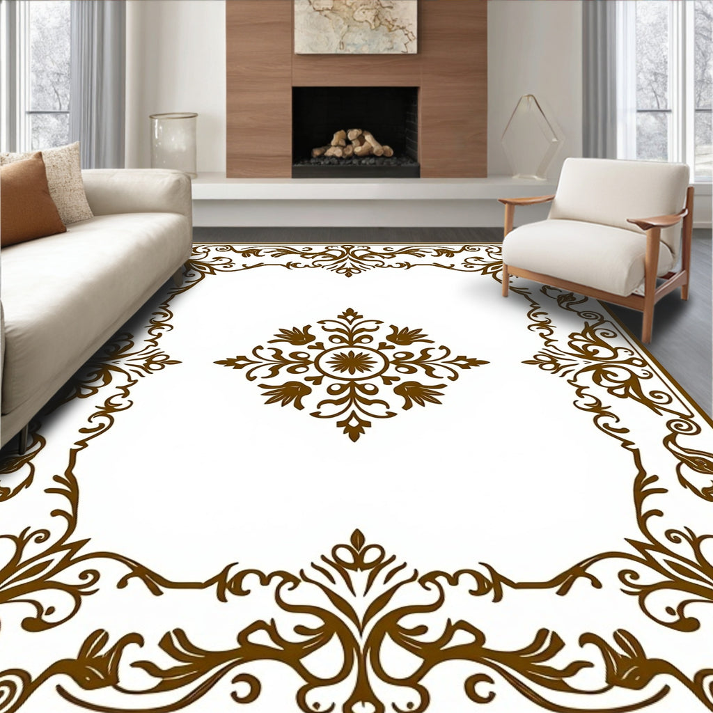 Ornate Brown Floral Scrollwork Design Rug