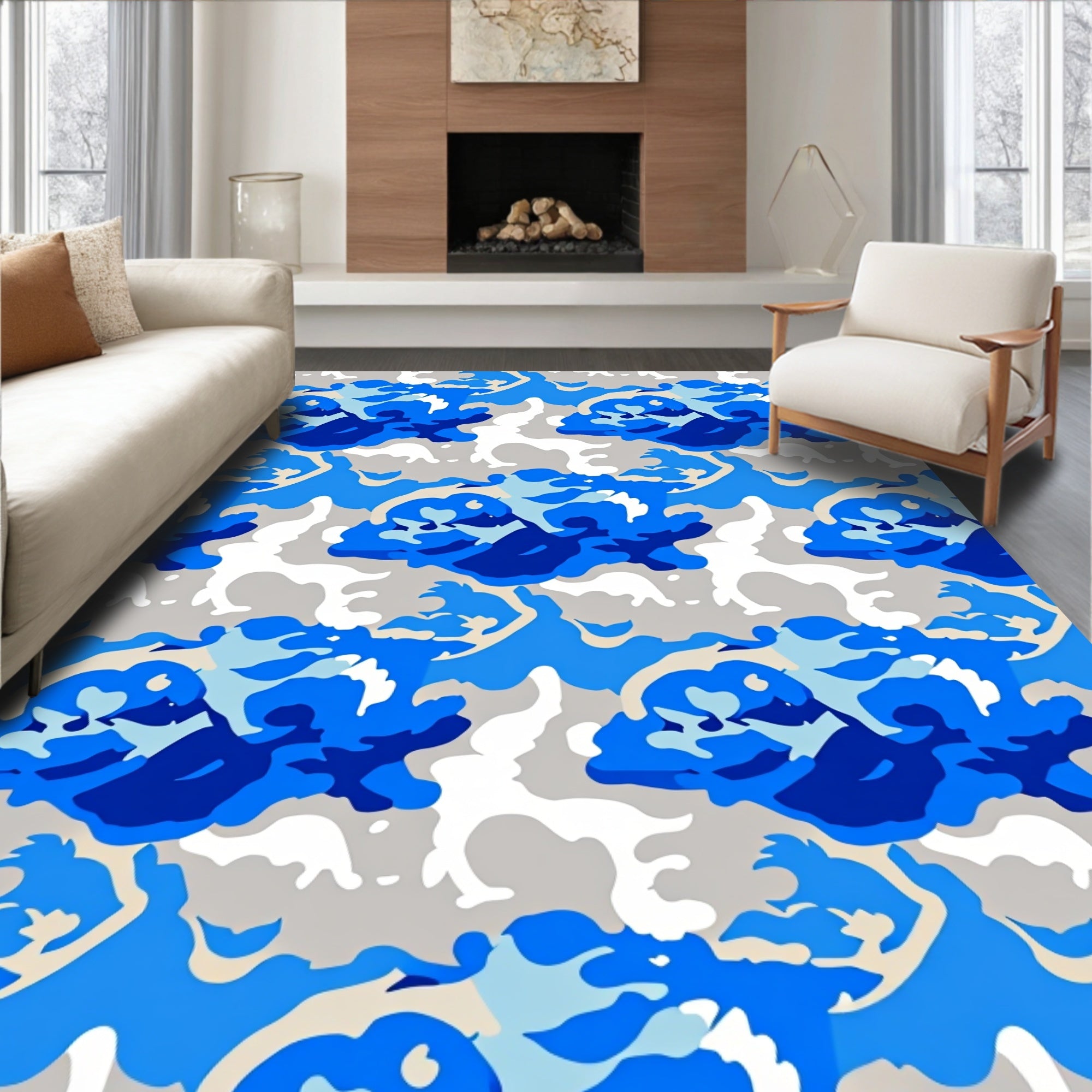Cool Blue Abstract Camouflage Pattern Rug