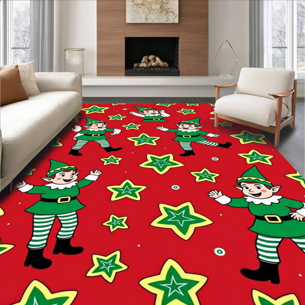 Festive Elves and Stars Red Fabric Rug