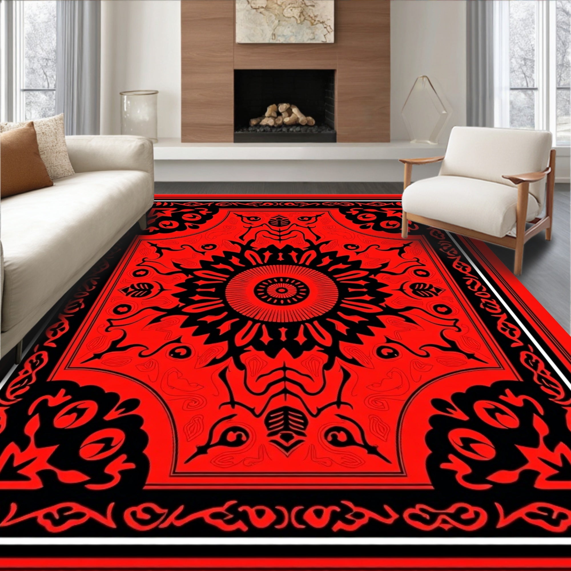 Bold Red Black Medallion Pattern Rug