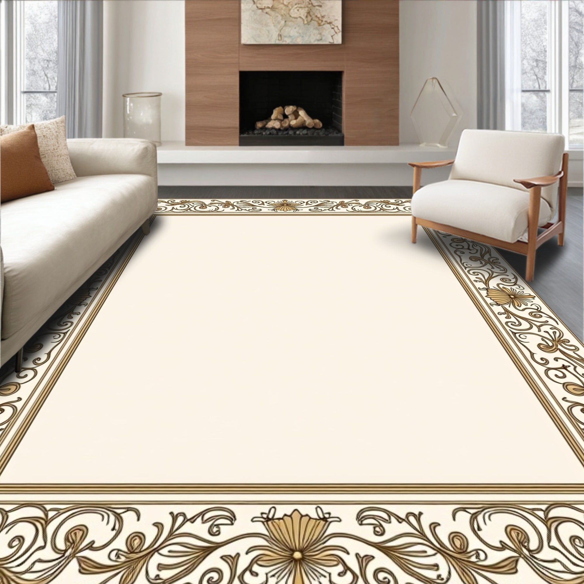 Ornate Floral Scrollwork Border Design Rug