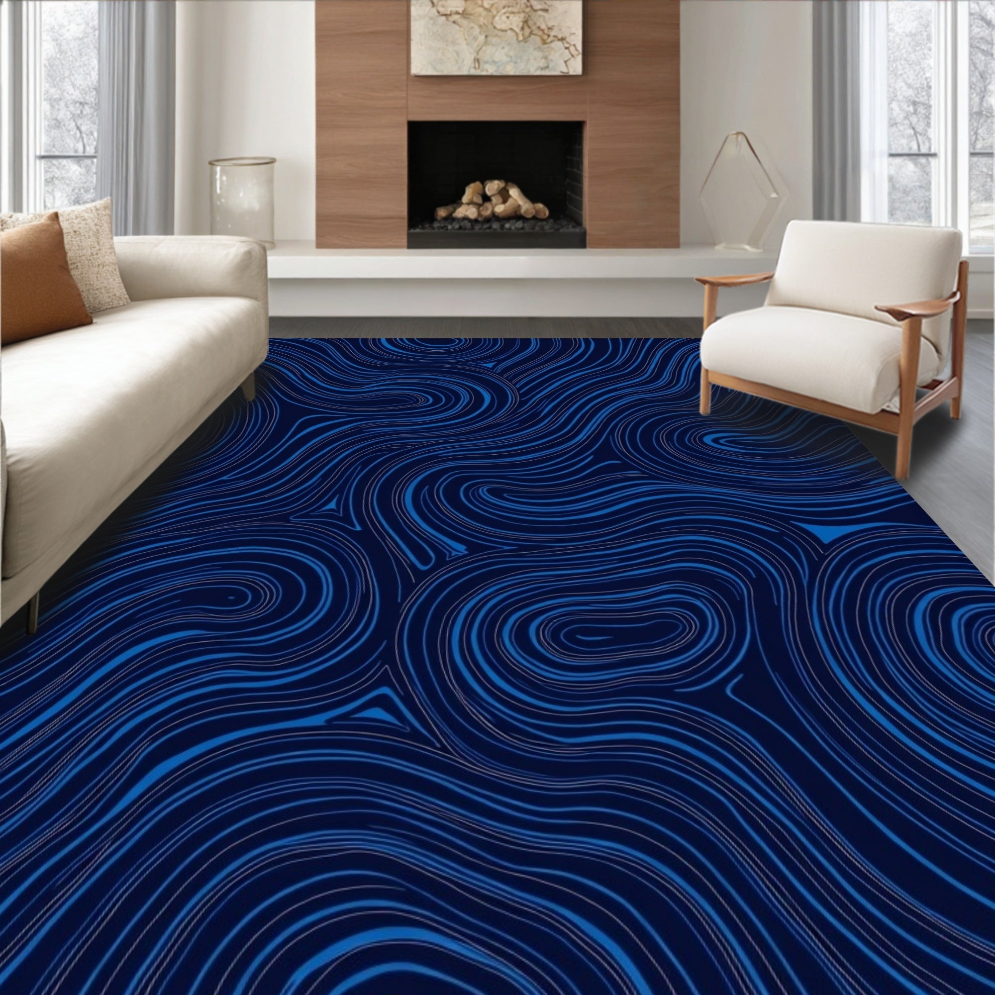 Deep Blue Swirling Organic Pattern Rug