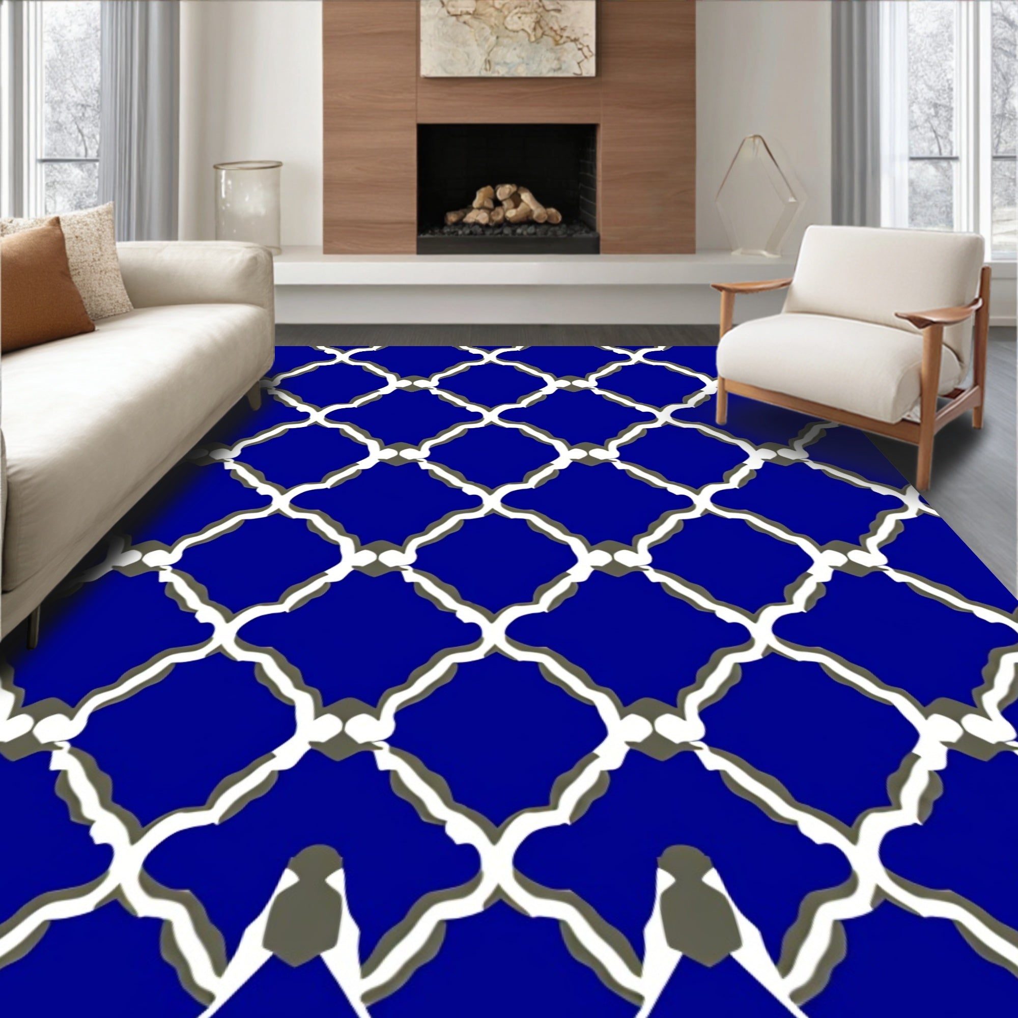 Blue Geometric Overlay Arch Pattern Rug