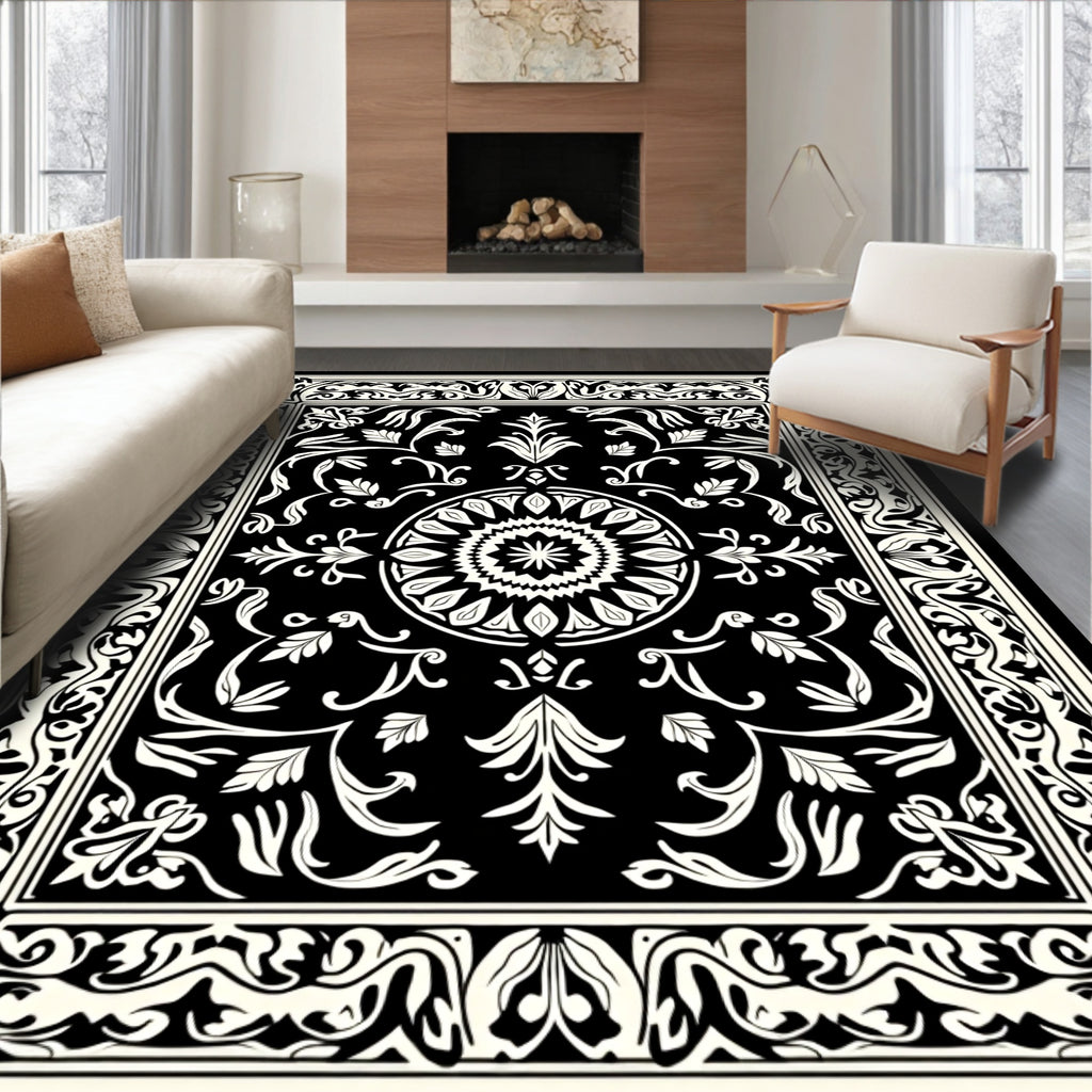 Classic Floral Medallion Black And White Rug