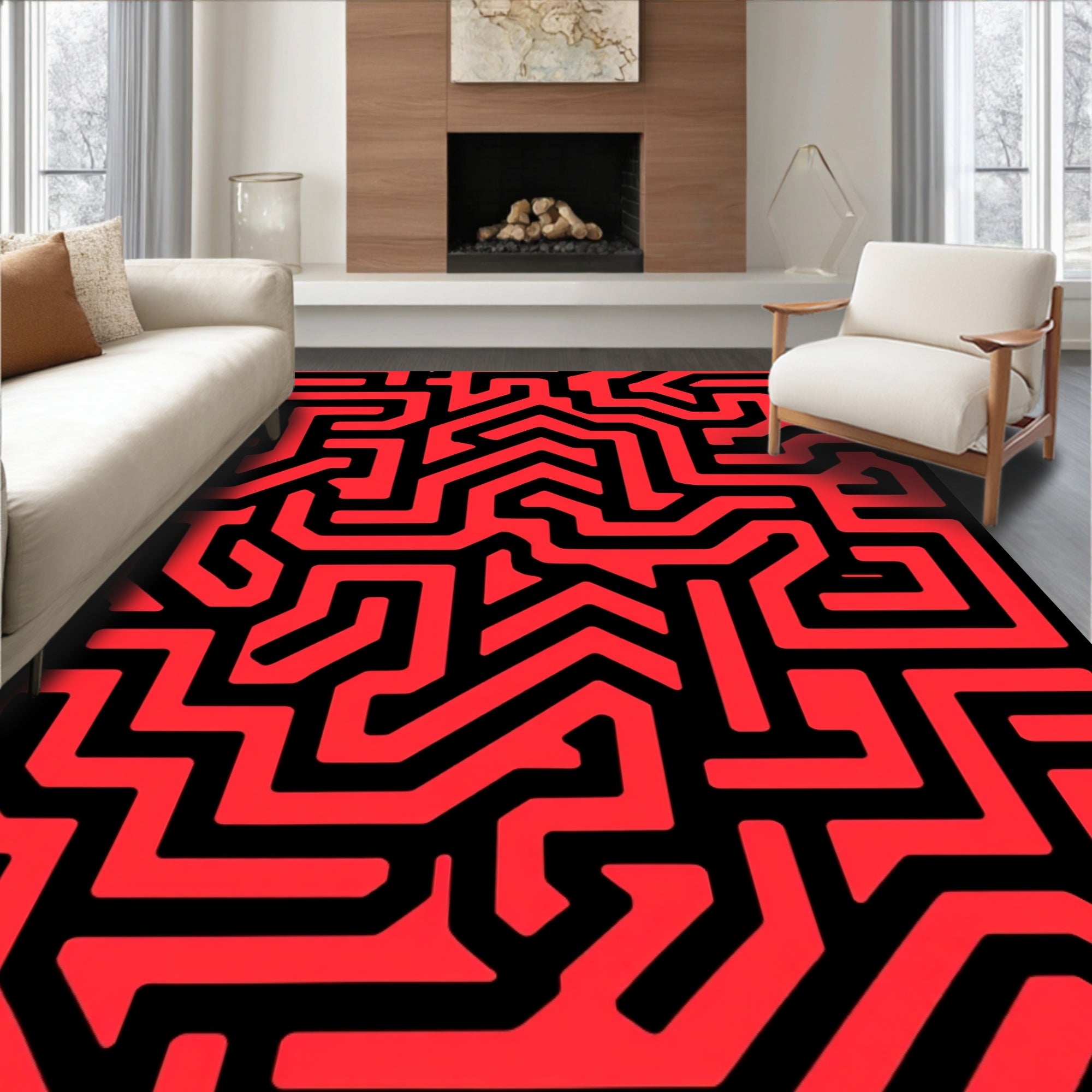 Bold Red Geometric Maze Pattern Rug