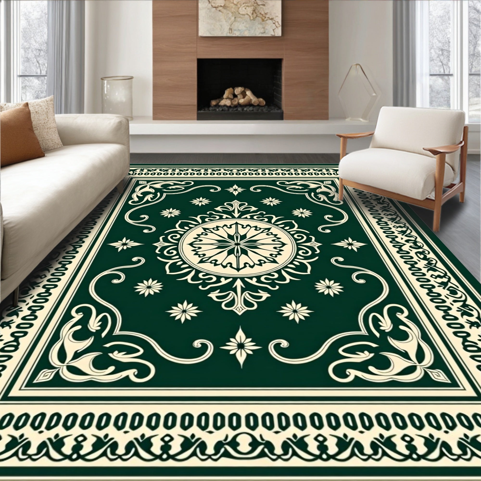 Ornate Floral Mandala Dark Green Rug
