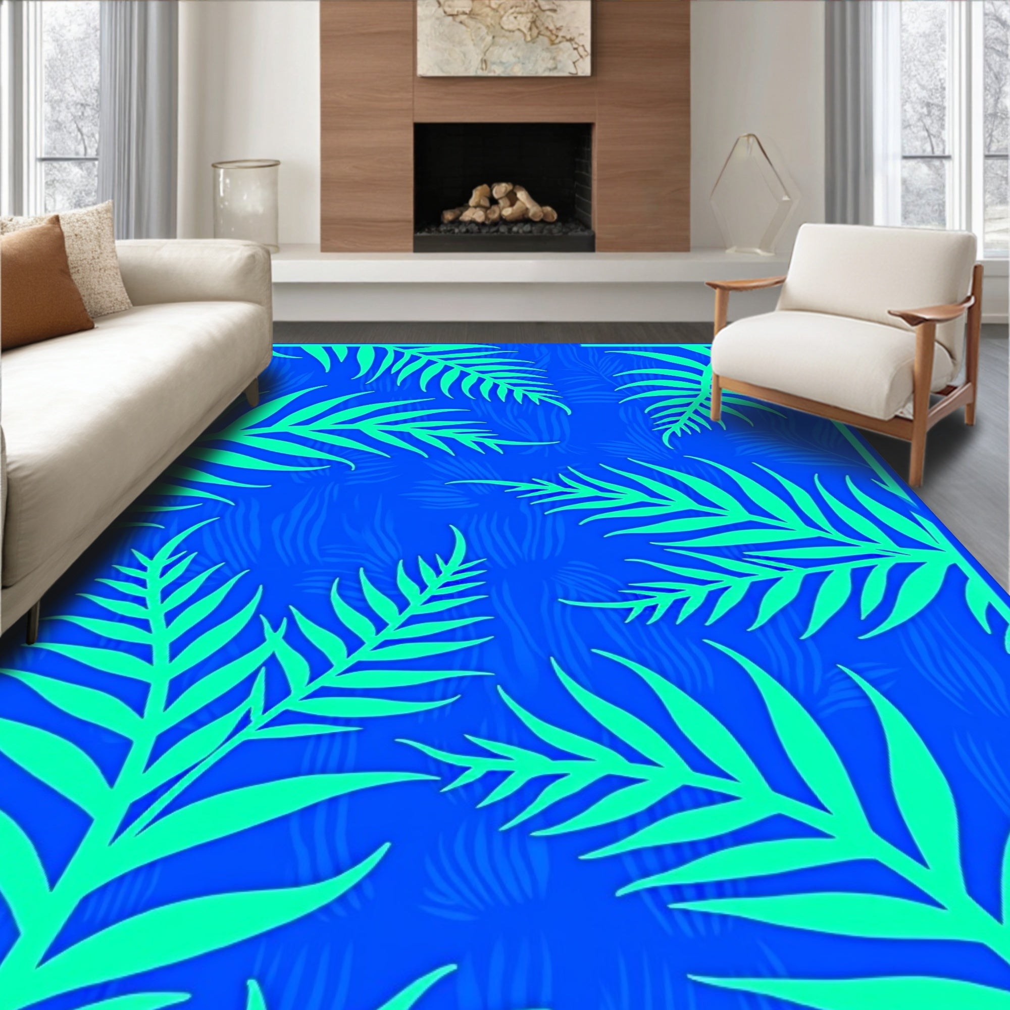 Bright Blue Fern Silhouette Print Rug