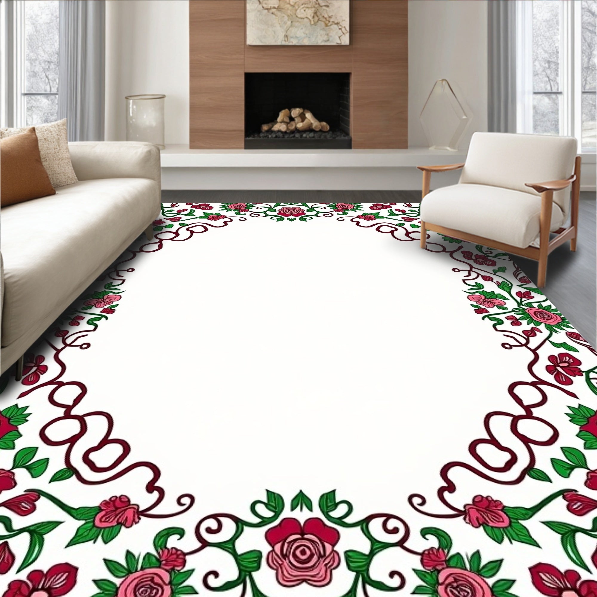 Whimsical Pink Rose Garden Frame Rug