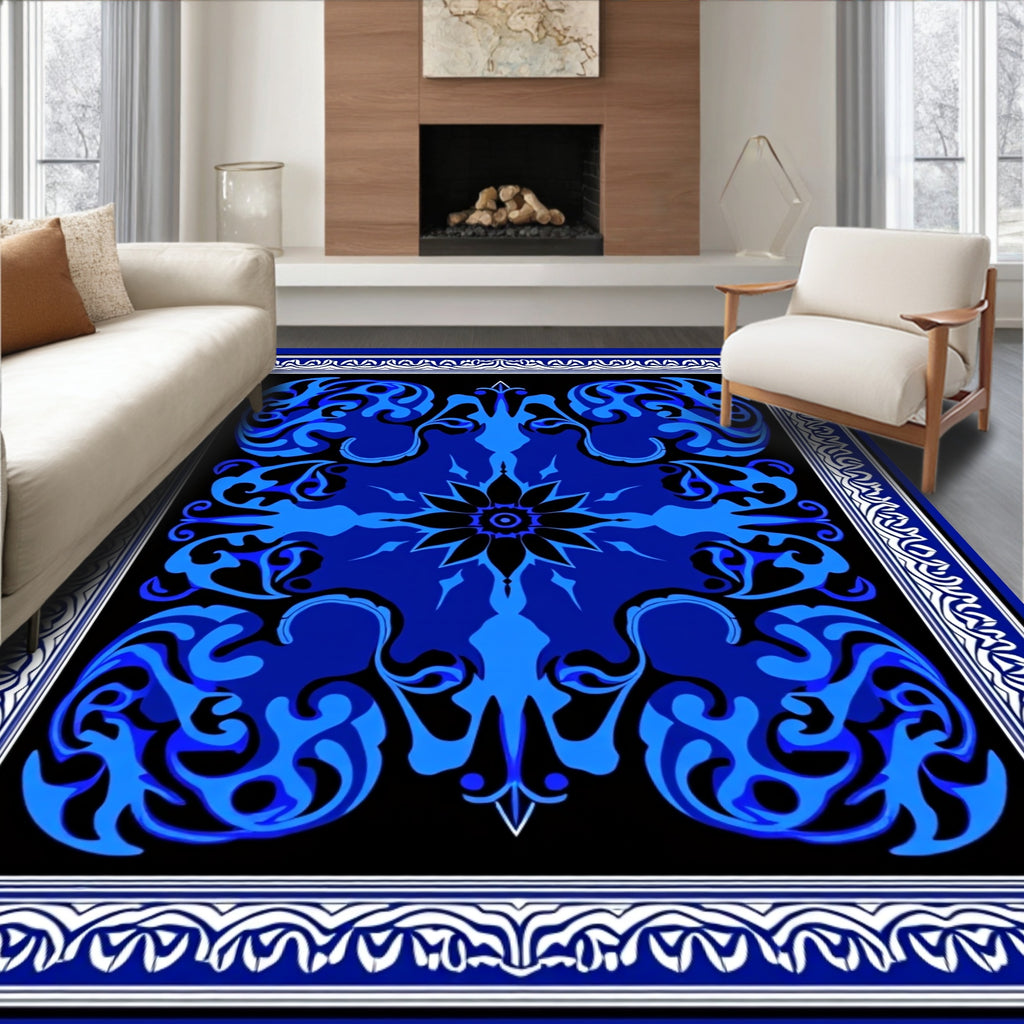 Bold Blue Black Abstract Floral Design Rug