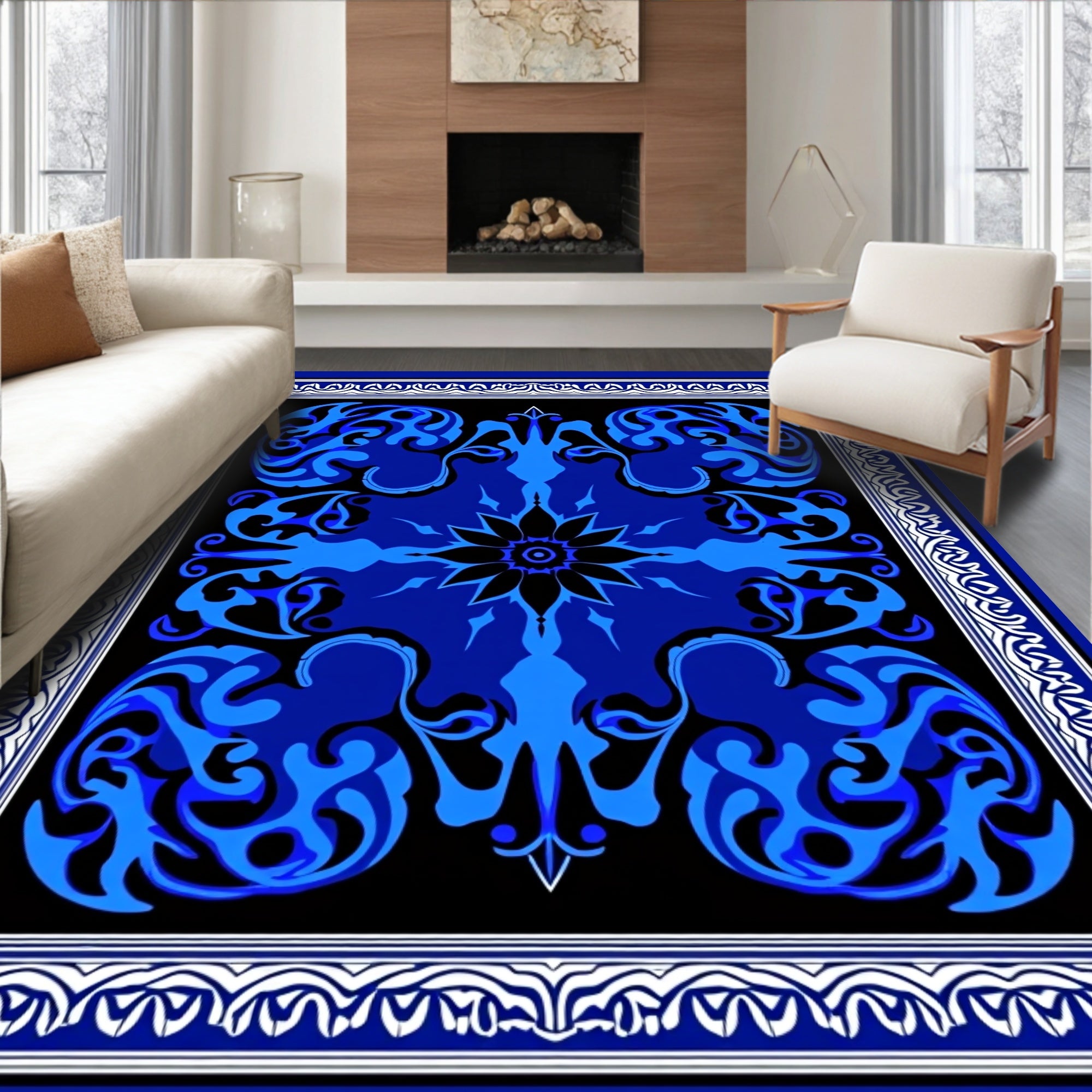 Bold Blue Black Abstract Floral Design Rug