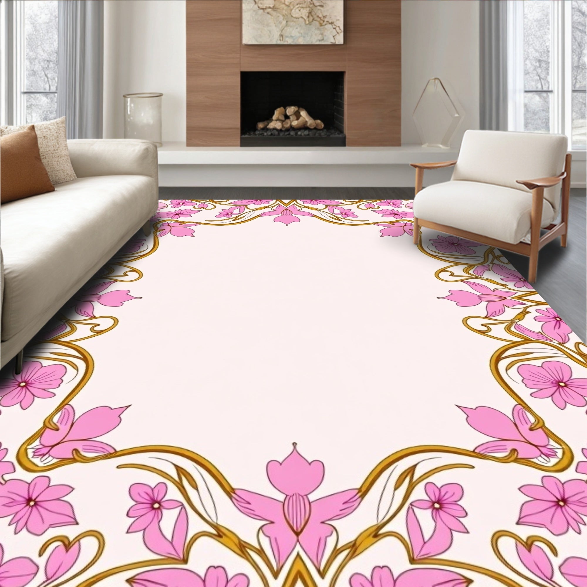 Soft Pink Floral Vine Pattern Rug