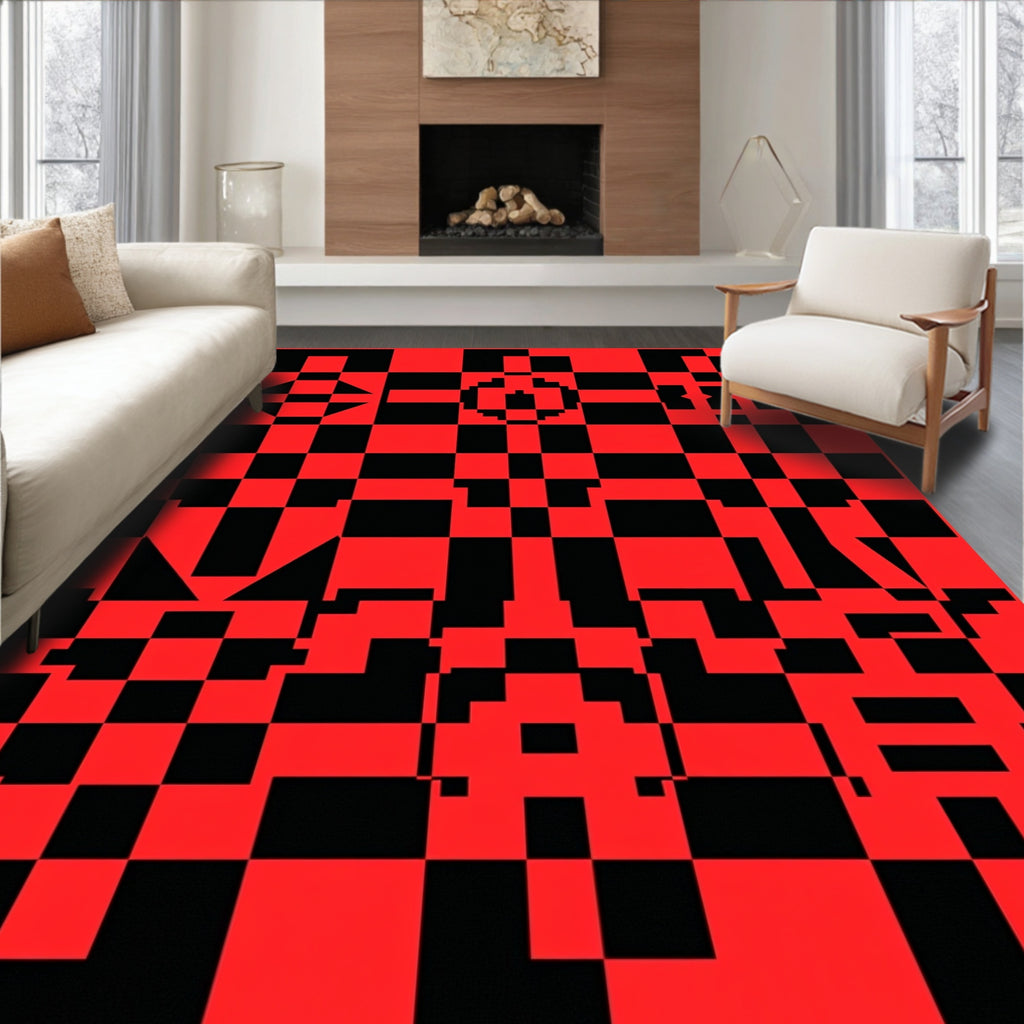 Bold Red Black Abstract Geometric Design Rug