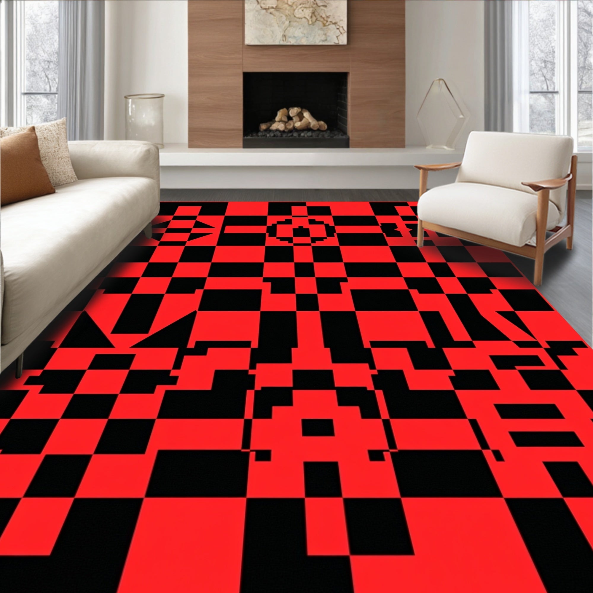 Bold Red Black Abstract Geometric Design Rug