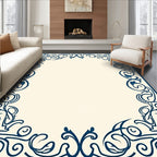 Intricate Dark Blue Scrollwork Border Design Rug