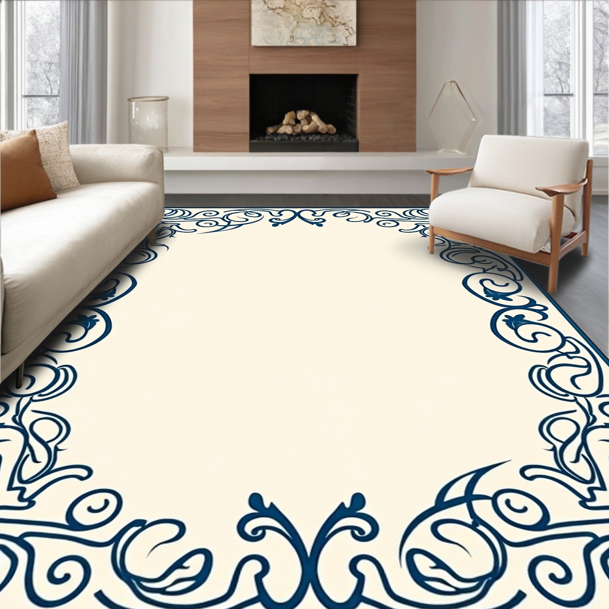Intricate Dark Blue Scrollwork Border Design Rug