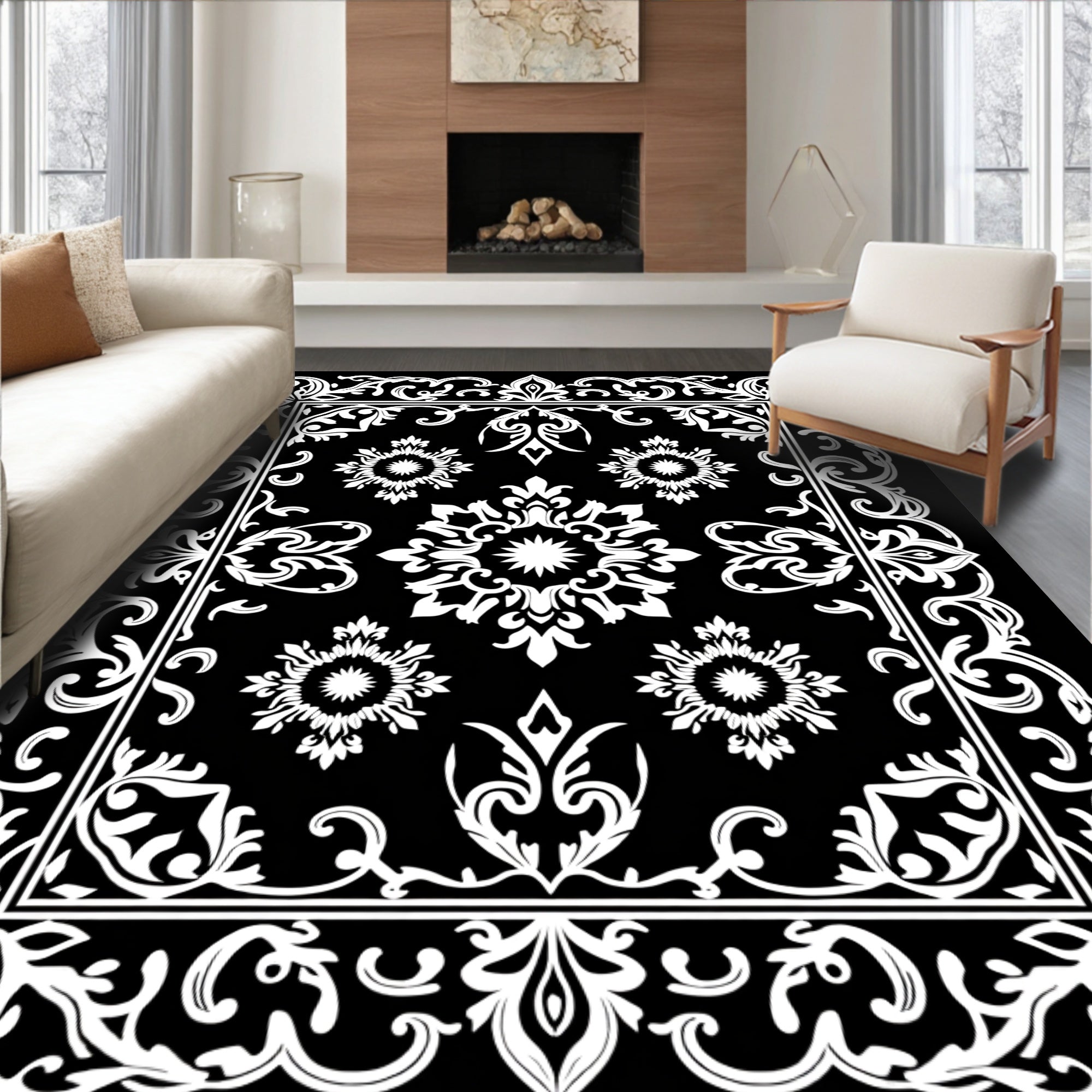 Intricate Floral Scroll Frame Pattern Rug