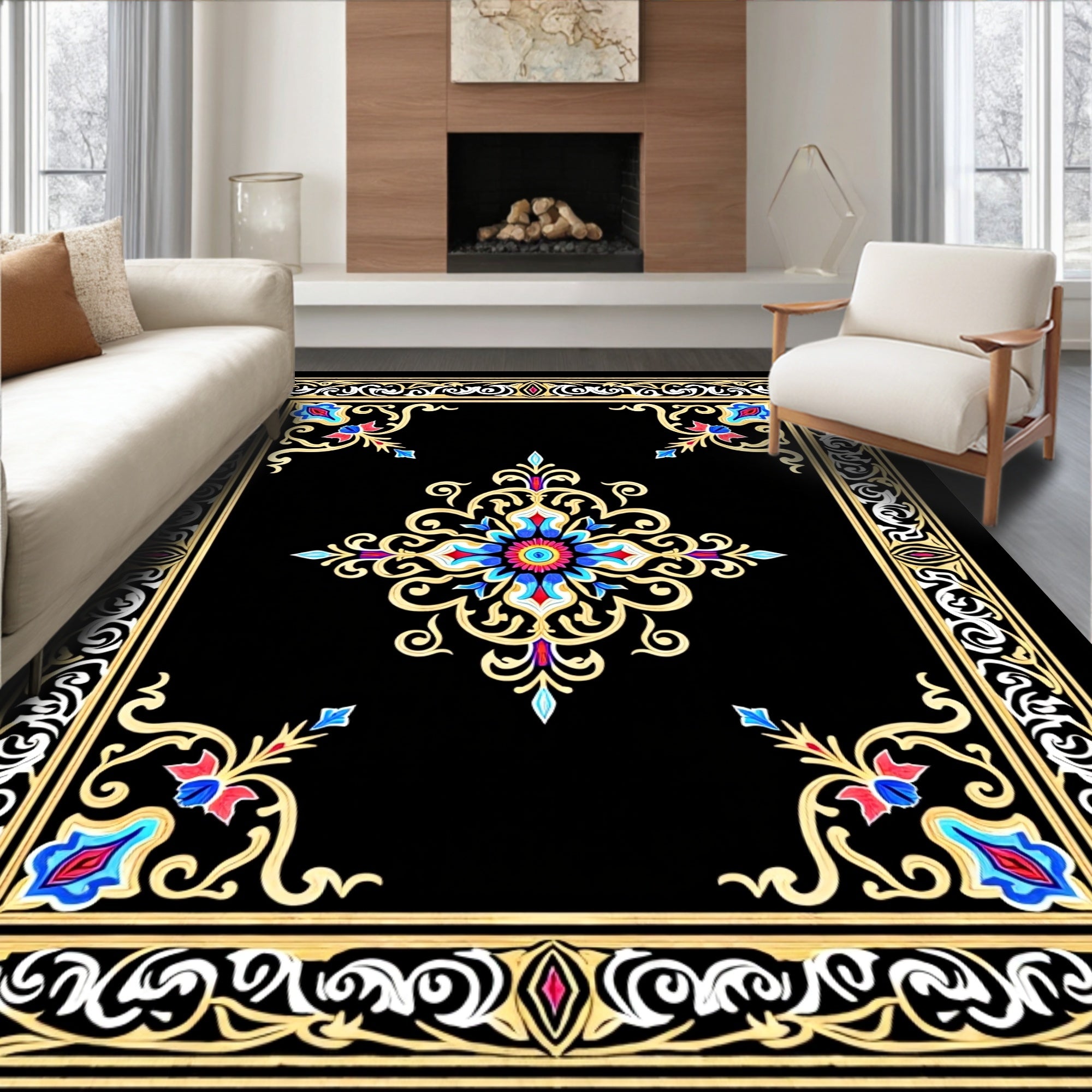 Ornate Floral Black Gold Rug