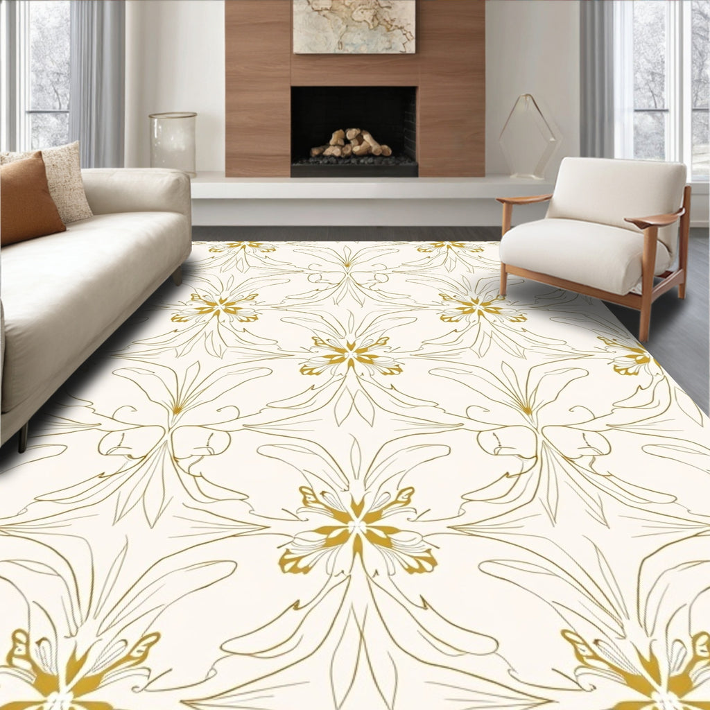 Elegant Gold Outline Floral Pattern Rug
