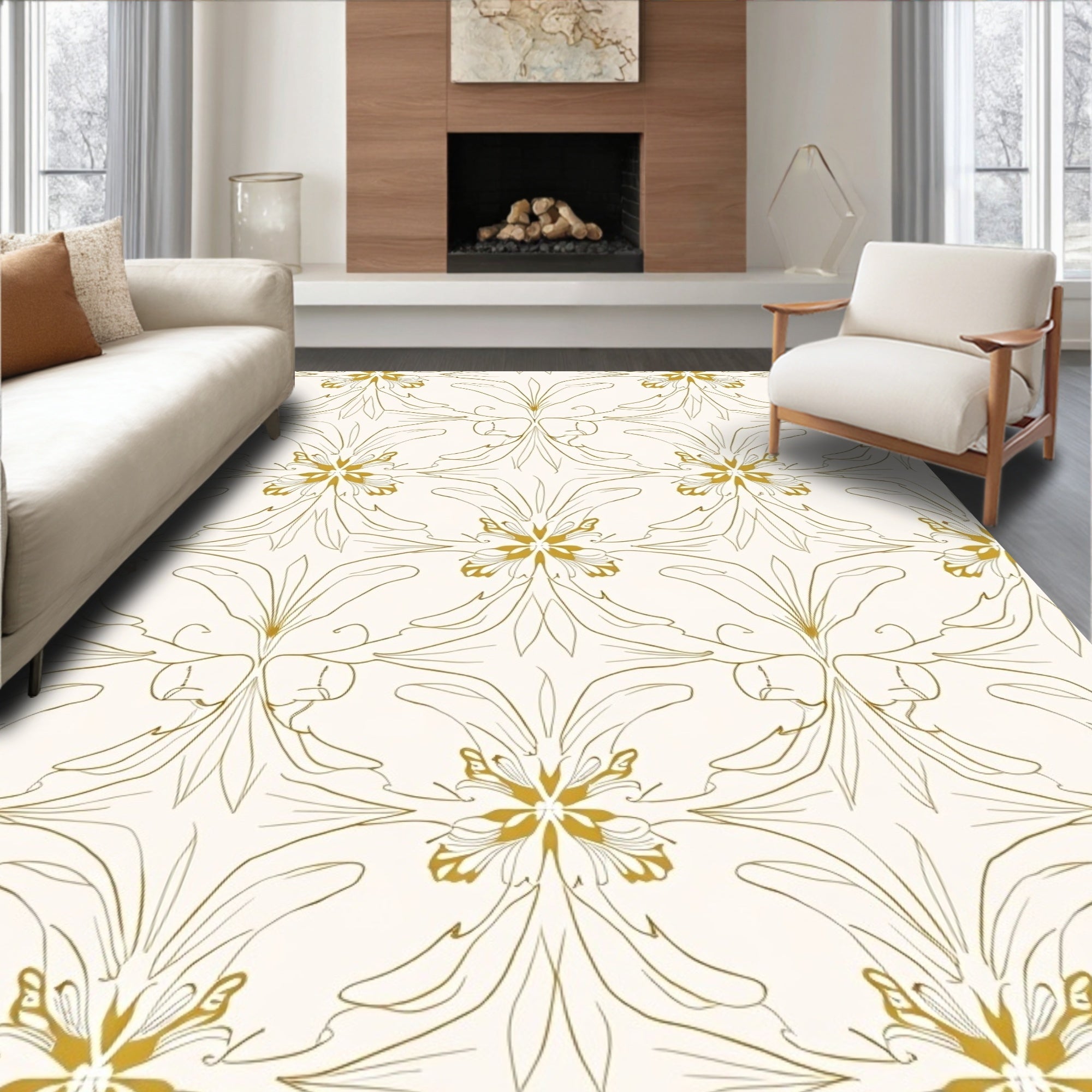 Elegant Gold Outline Floral Pattern Rug