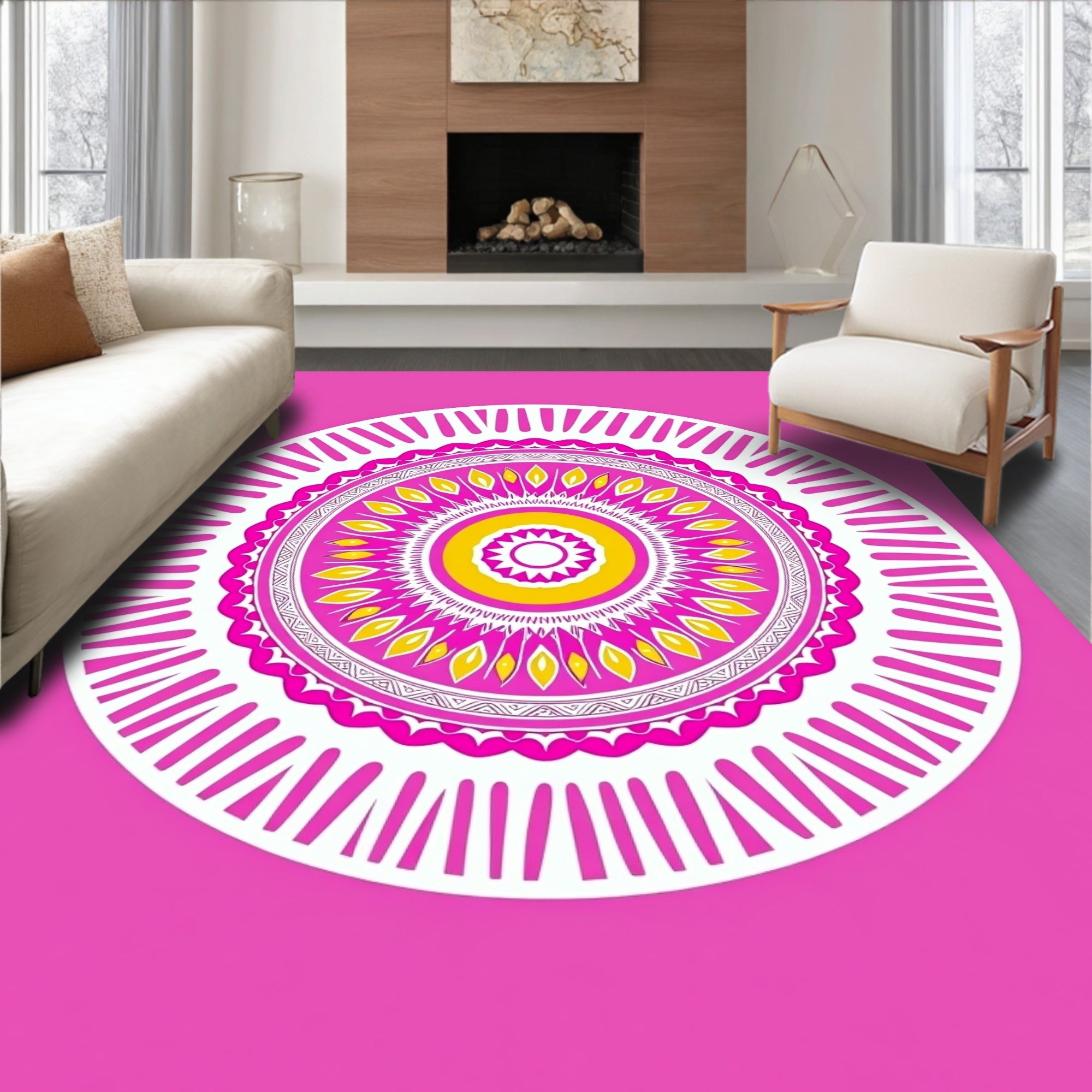 Vibrant Pink Yellow Concentric Mandala Rug