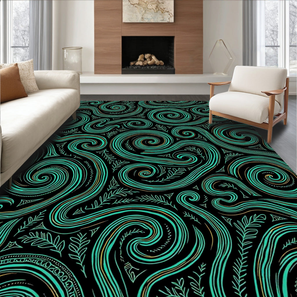 Teal Swirls Leafy Vines Design Rug