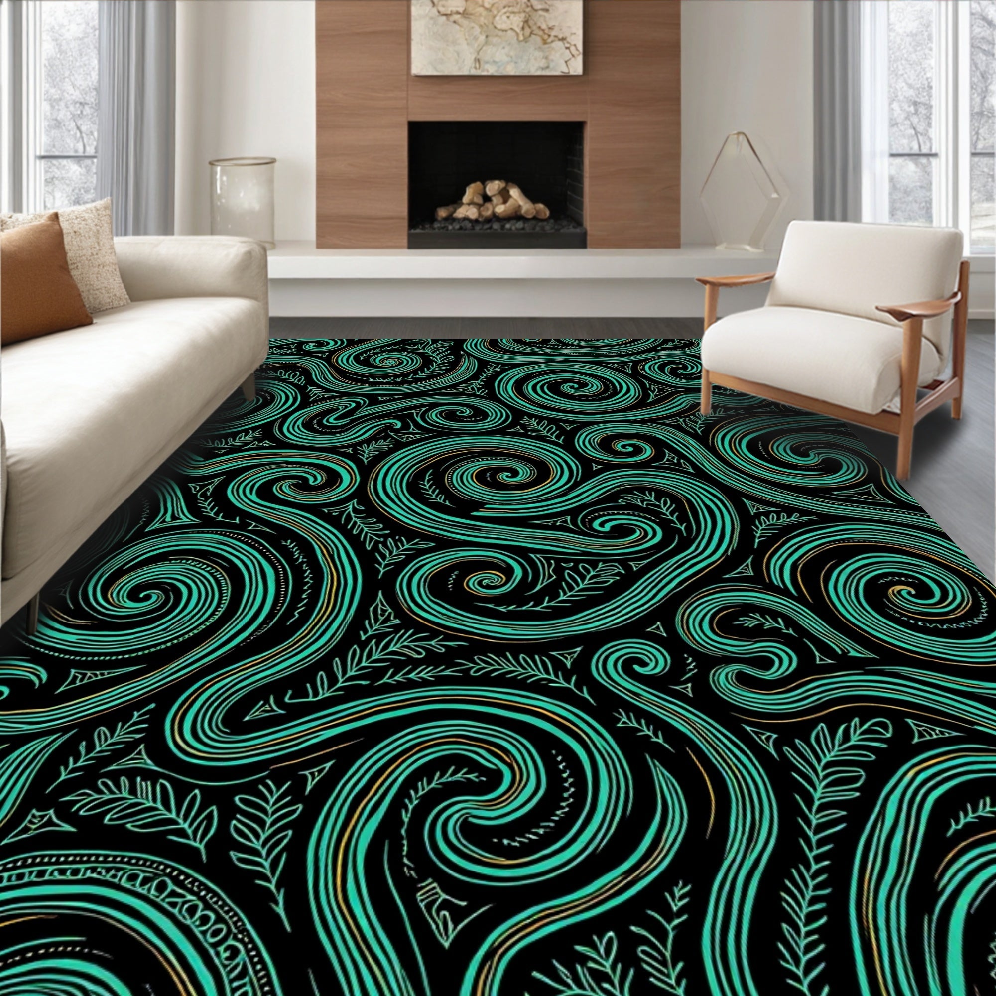 Teal Swirls Leafy Vines Design Rug