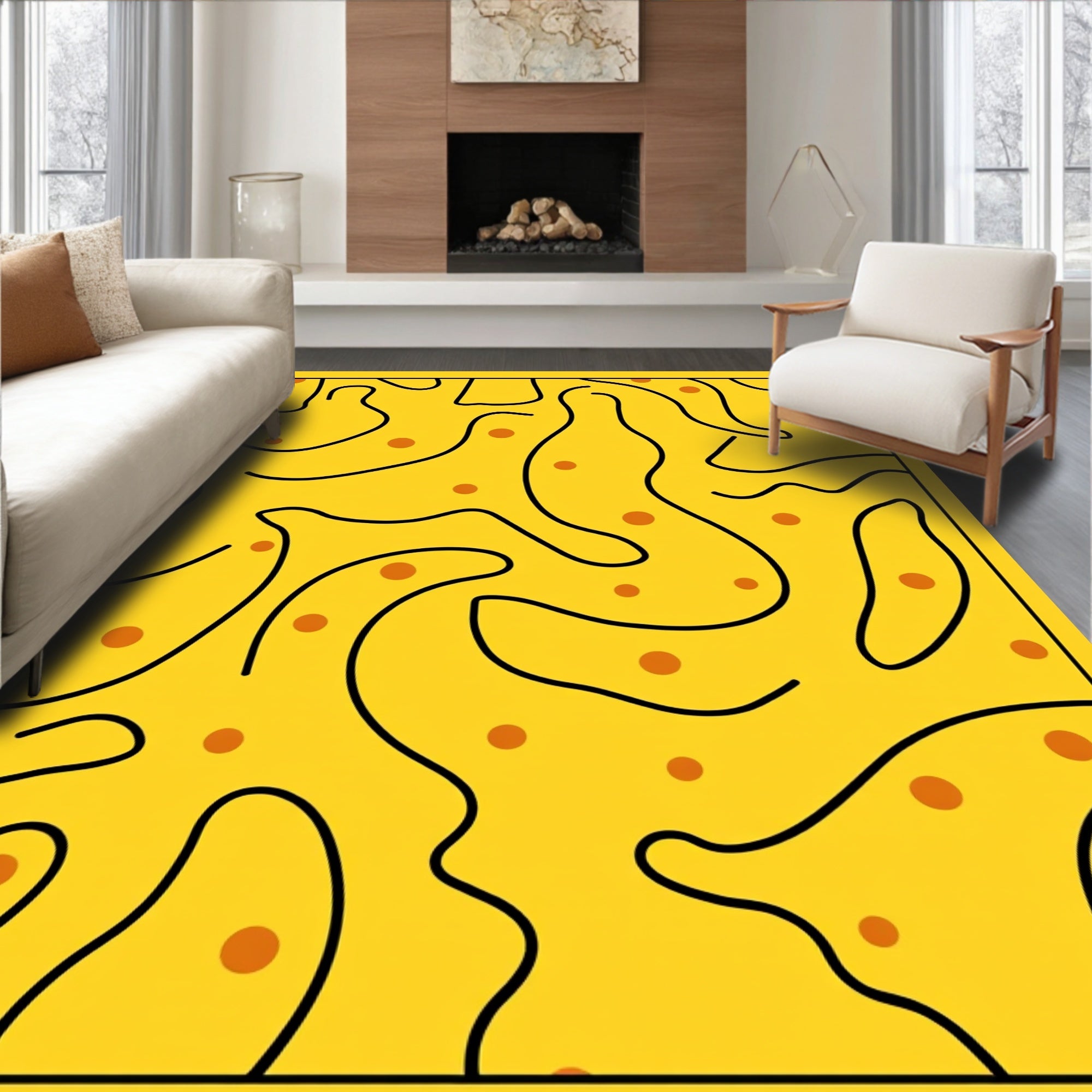 Abstract Yellow Curvy Dots Design Rug
