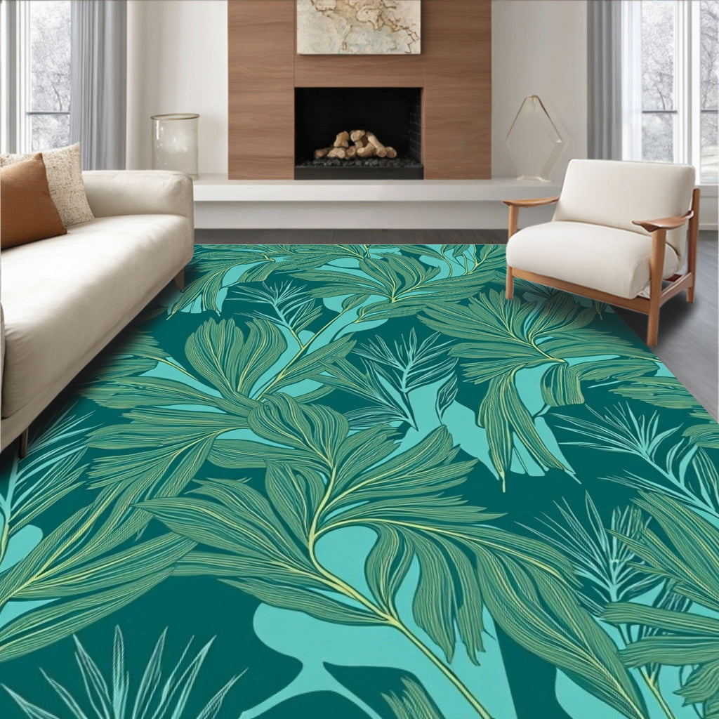 Tropical Leaf Patterned Teal Rug