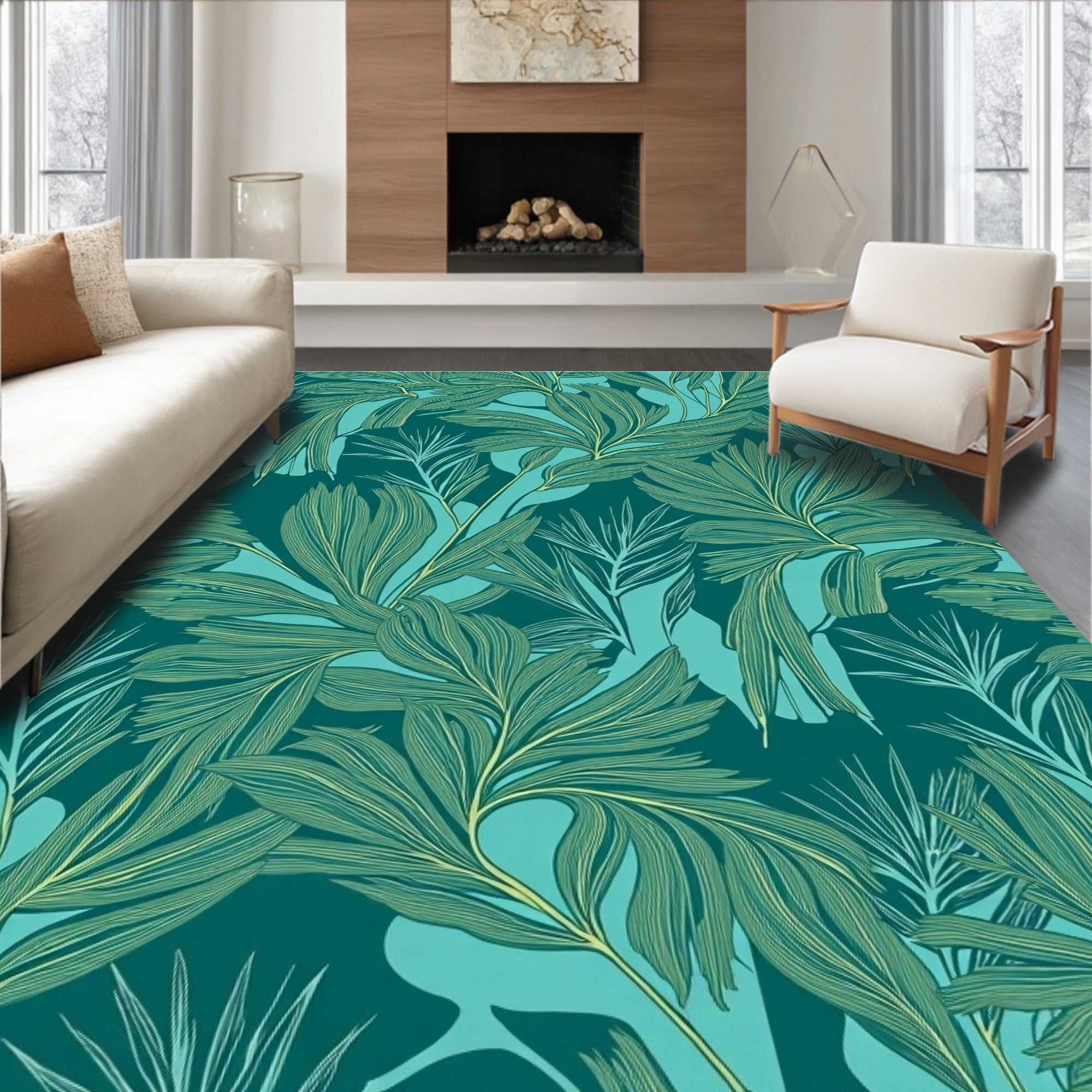 Tropical Leaf Patterned Teal Rug