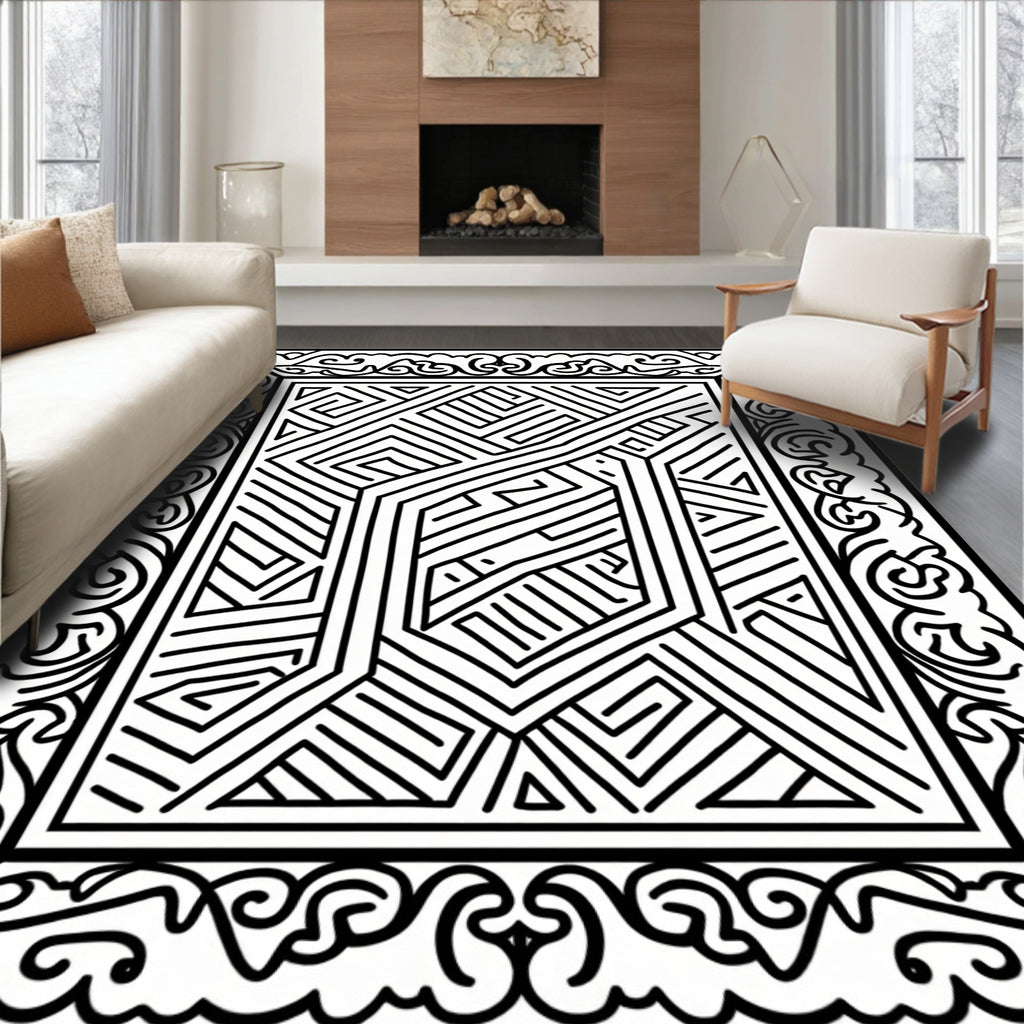 Intricate Geometric Frame Maze Pattern Rug