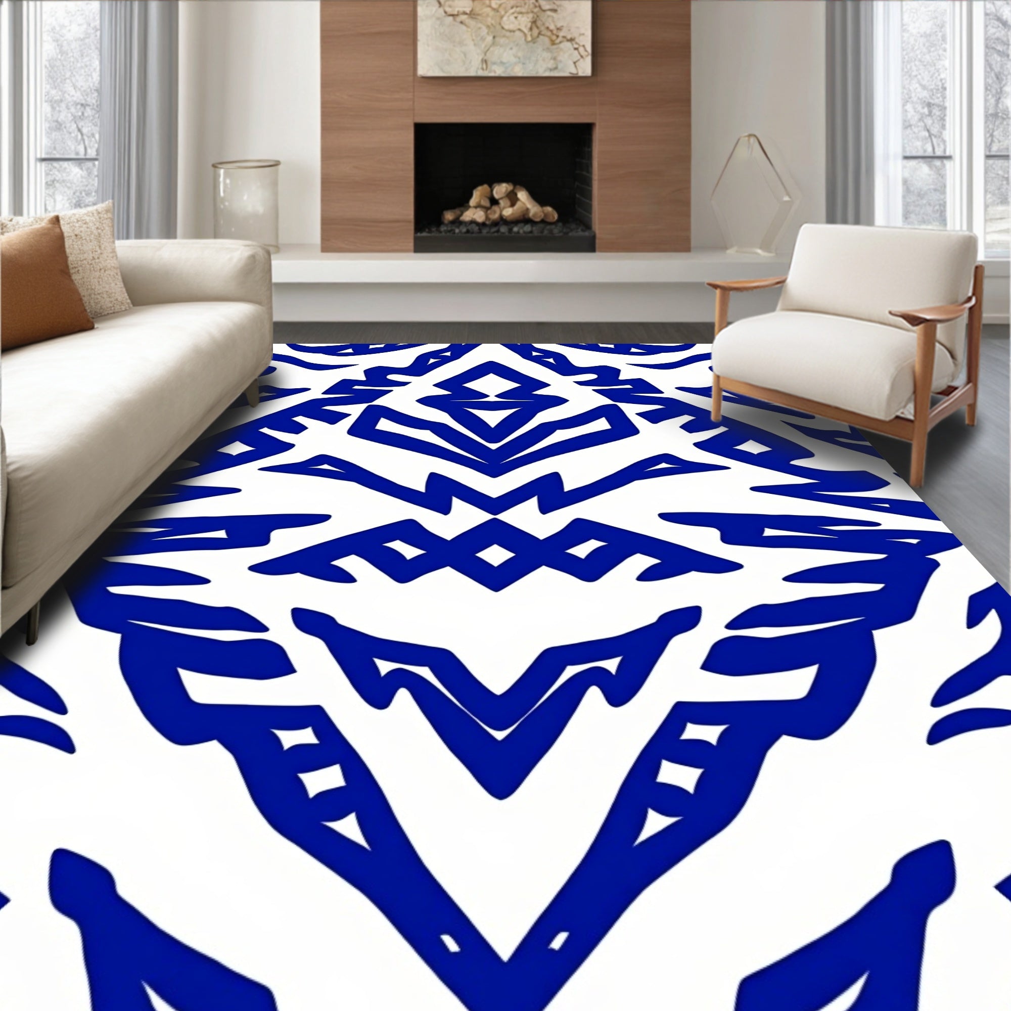 Bold Blue Abstract Geometric Pattern Rug